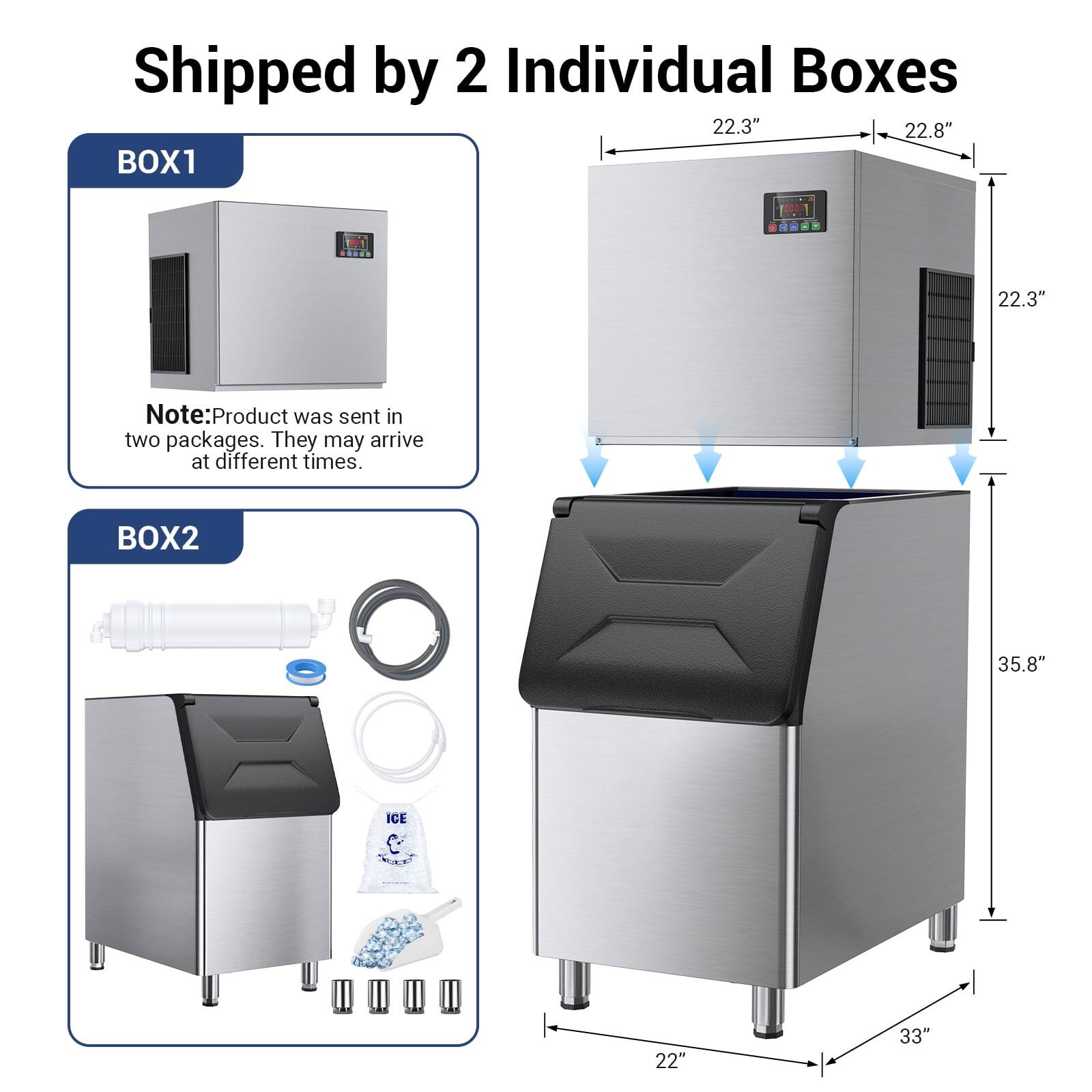 Shipped by 2 Individual Boxes

BOX1
Note: Product was sent in two packages. They may arrive at different times.

BOX2

Dimensions:
- Height: 35.8"
- Width: 33"
- Depth: 22"
- Height of the main unit: 22.3"
- Width of the main unit: 22.8"
- Depth of the main unit: 22.3"