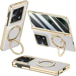 Dteck - For Motorola Razr Fold (2026) Luxury Plated Ring Stand Magnetic Case Hinge Protection Cover+Built-in Screen Protector - White-Privacy Screen
