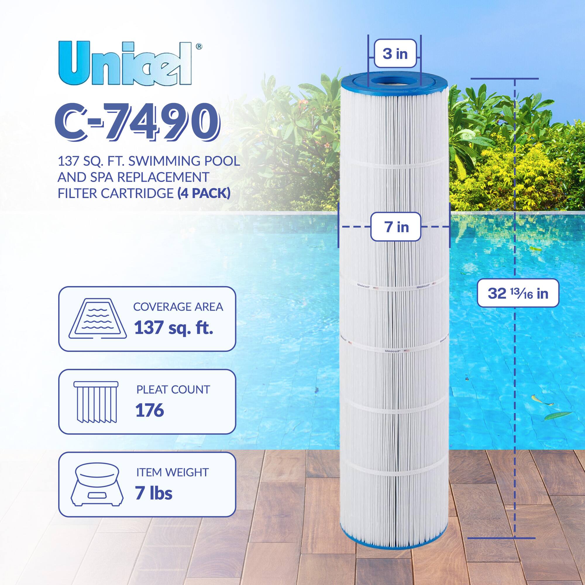 Unicel C-7490  
137 SQ. FT. SWIMMING POOL AND SPA REPLACEMENT FILTER CARTRIDGE (4 PACK)  

- 3 in  
- 7 in  
- 32 13/16 in  

- COVERAGE AREA: 137 sq. ft.  
- PLEAT COUNT: 176  
- ITEM WEIGHT: 7 lbs