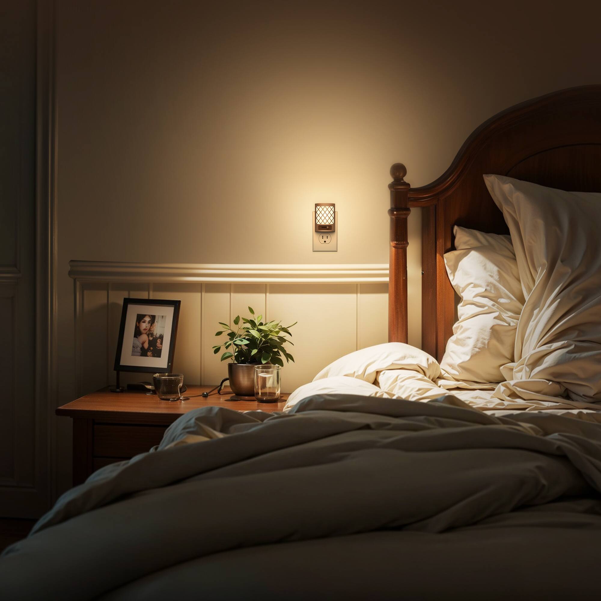 Back. Jandcase - JANDCASE 2-Pack 1W  Plug-in Night Light, 3000K Warm Glow with Slide Dimmer 0-100%, Dusk-to-Dawn Sensor - Brown.