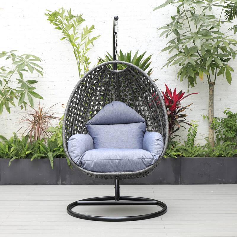 LeisureMod Charcoal Wicker Outdoor Egg Swing Chair with Steel Stand, UV ...