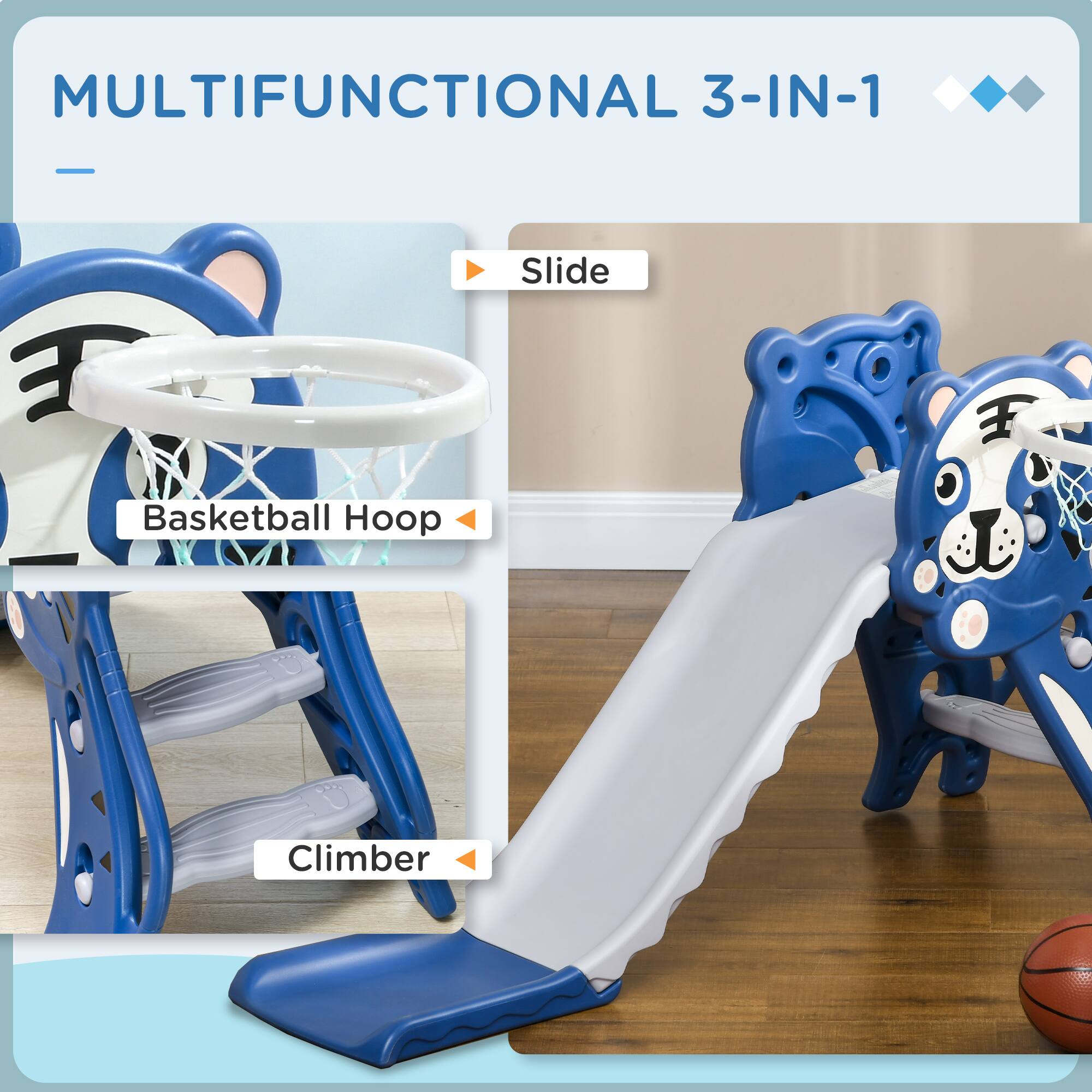 MULTIFUNCTIONAL 3-IN-1

- Slide
- Basketball Hoop
- Climber
