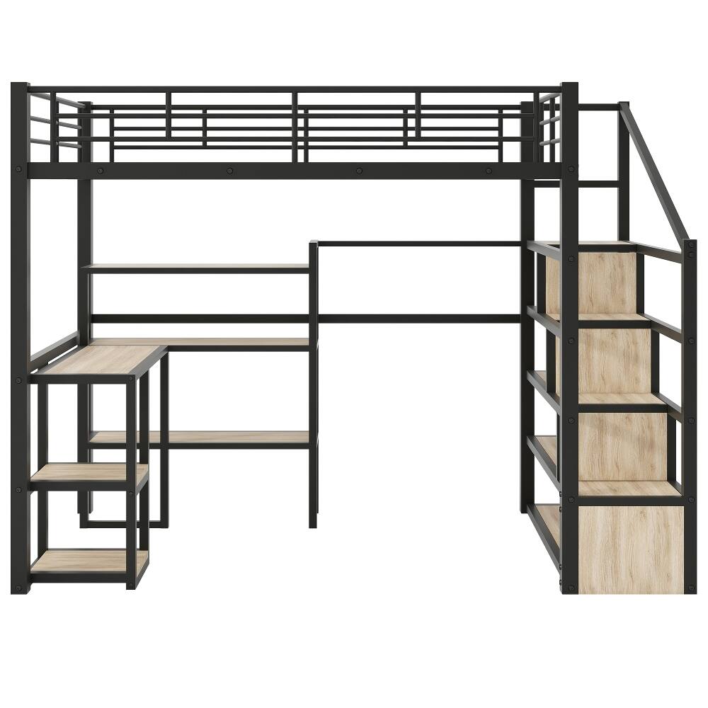 Alt View 10. Loheer - Loheer Full Size Metal Loft Bed with Desk, Staircase and Shelves, Black - Black.