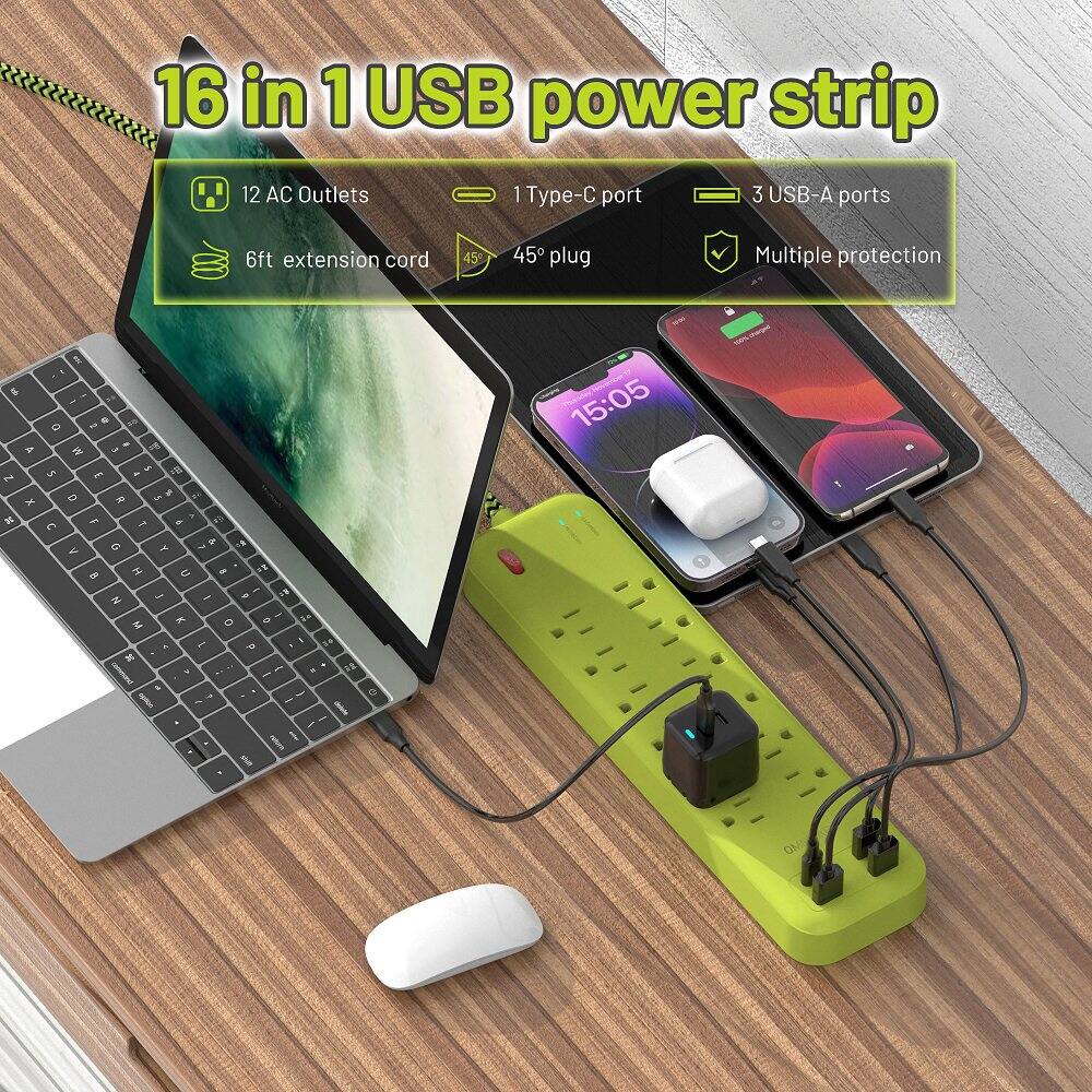 16 in 1 USB power strip

- 12 AC Outlets
- 1 Type-C port
- 3 USB-A ports
- 6ft extension cord
- 45° plug
- Multiple protection