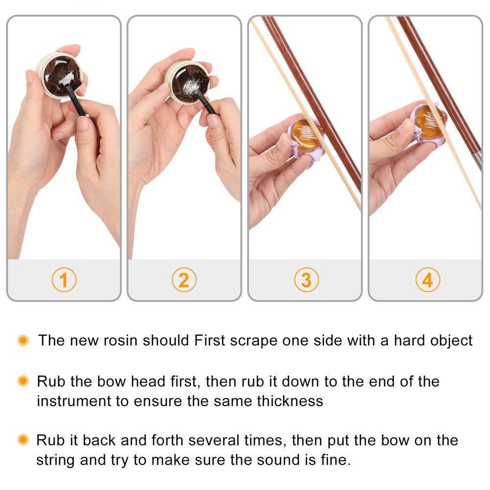 1. The new rosin should first scrape one side with a hard object.
2. Rub the bow head first, then rub it down to the end of the instrument to ensure the same thickness.
3. Rub it back and forth several times, then put the bow on the string and try to make sure the sound is fine.