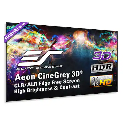 Sure, here is the corrected and grouped text from the image:
---
**Elite Screens**
**Aeon CineGrey 3D®**
**CLR/ALR Edge Free Screen**
**High Brightness & Contrast**
**HDR**
*High Dynamic Range*
**8K ULTRA 4K HD**
**STANDARD throw**
**3D**
---