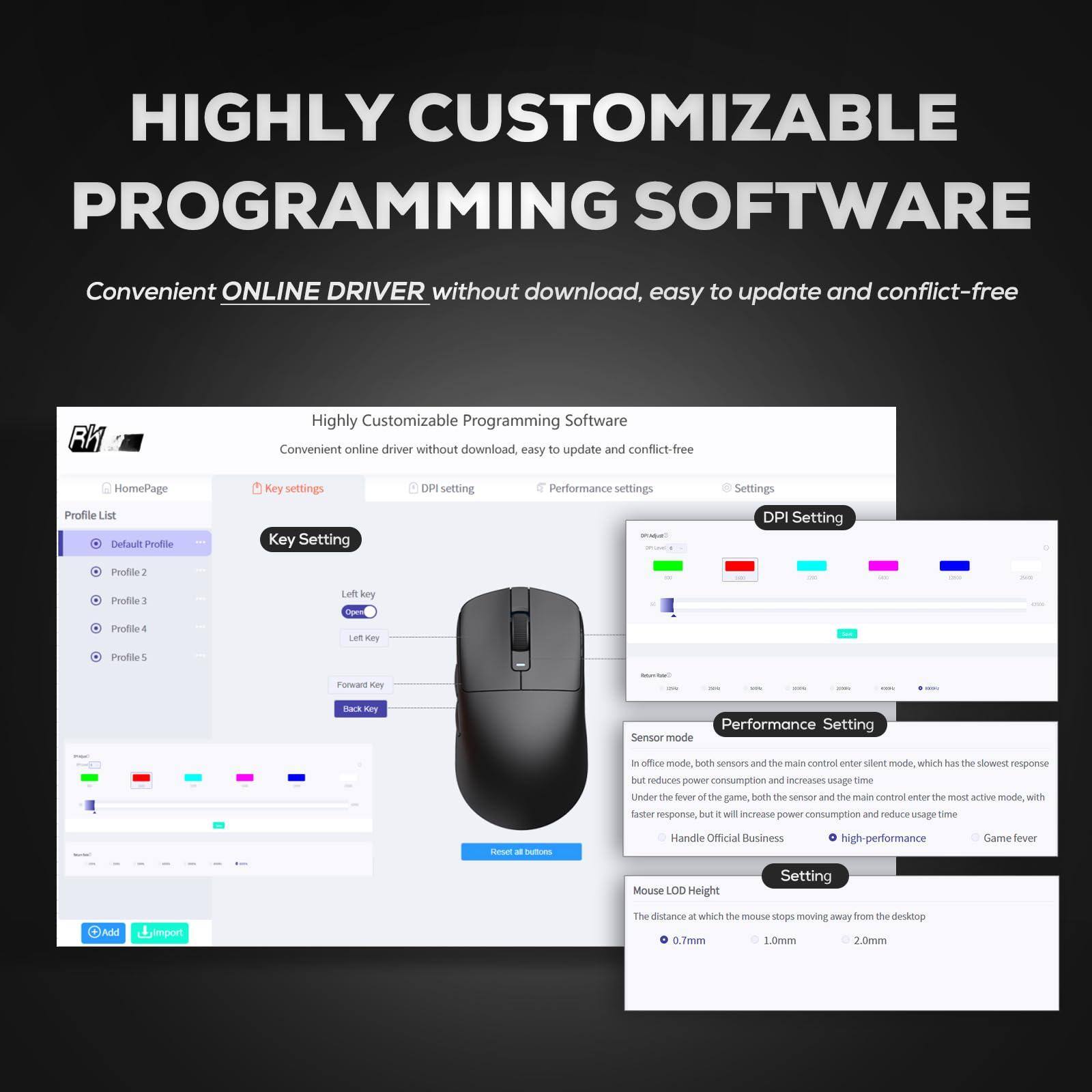 **HIGHLY CUSTOMIZABLE PROGRAMMING SOFTWARE**

Convenient ONLINE DRIVER without download, easy to update and conflict-free

---

**Highly Customizable Programming Software**

Convenient online driver without download, easy to update and conflict-free

---

**Profile List**

- Default Profile
- Profile 1
- Profile 2
- Profile 3
- Profile 4
- Profile 5

---

**Key Settings**

- Left Key
- Open Key
- Forward Key
- Back Key

---

**DPI Setting**

- 400 DPI
- 800 DPI
- 1200 DPI
- 1600 DPI
- 2000 DPI
- 2400 DPI
- 2800 DPI
- 3200 DPI

---

**Performance Setting**

- Sensor mode
  - In office mode, both sensors and the main control enter silent mode, which has the slowest response but reduces power consumption and increases usage time.
  - Under the fever of the game, both the sensor and the main control enter the most active mode, with faster response, but it will increase power consumption and reduce usage time.

- Handle Official Business
- High-performance
