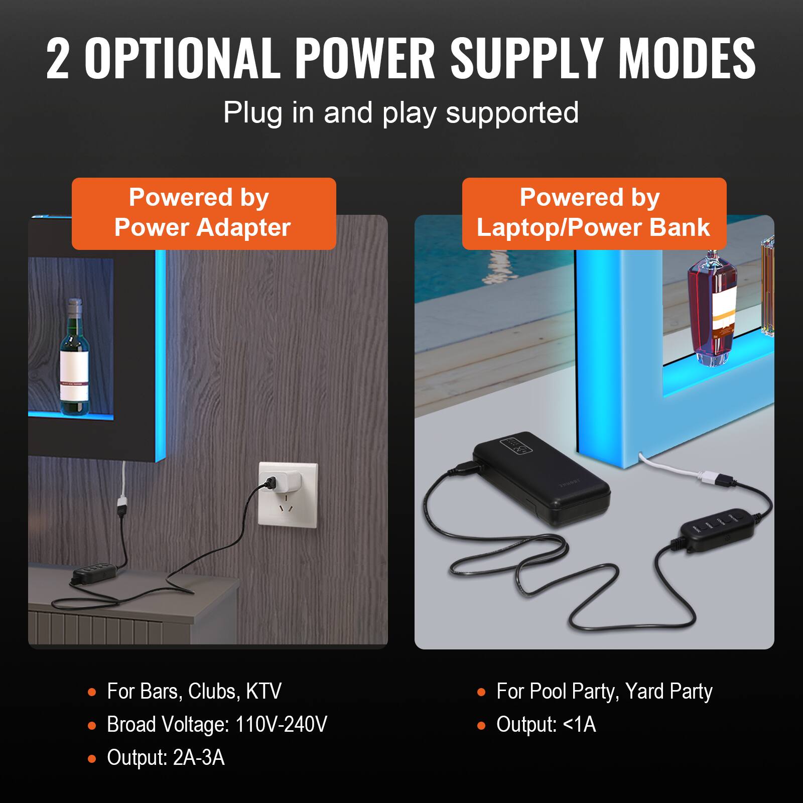2 OPTIONAL POWER SUPPLY MODES  
Plug in and play supported  

**Powered by Power Adapter**  
- For Bars, Clubs, KTV  
- Broad Voltage: 110V-240V  
- Output: 2A-3A  

**Powered by Laptop/Power Bank**  
- For Pool Party, Yard Party  
- Output: <1A