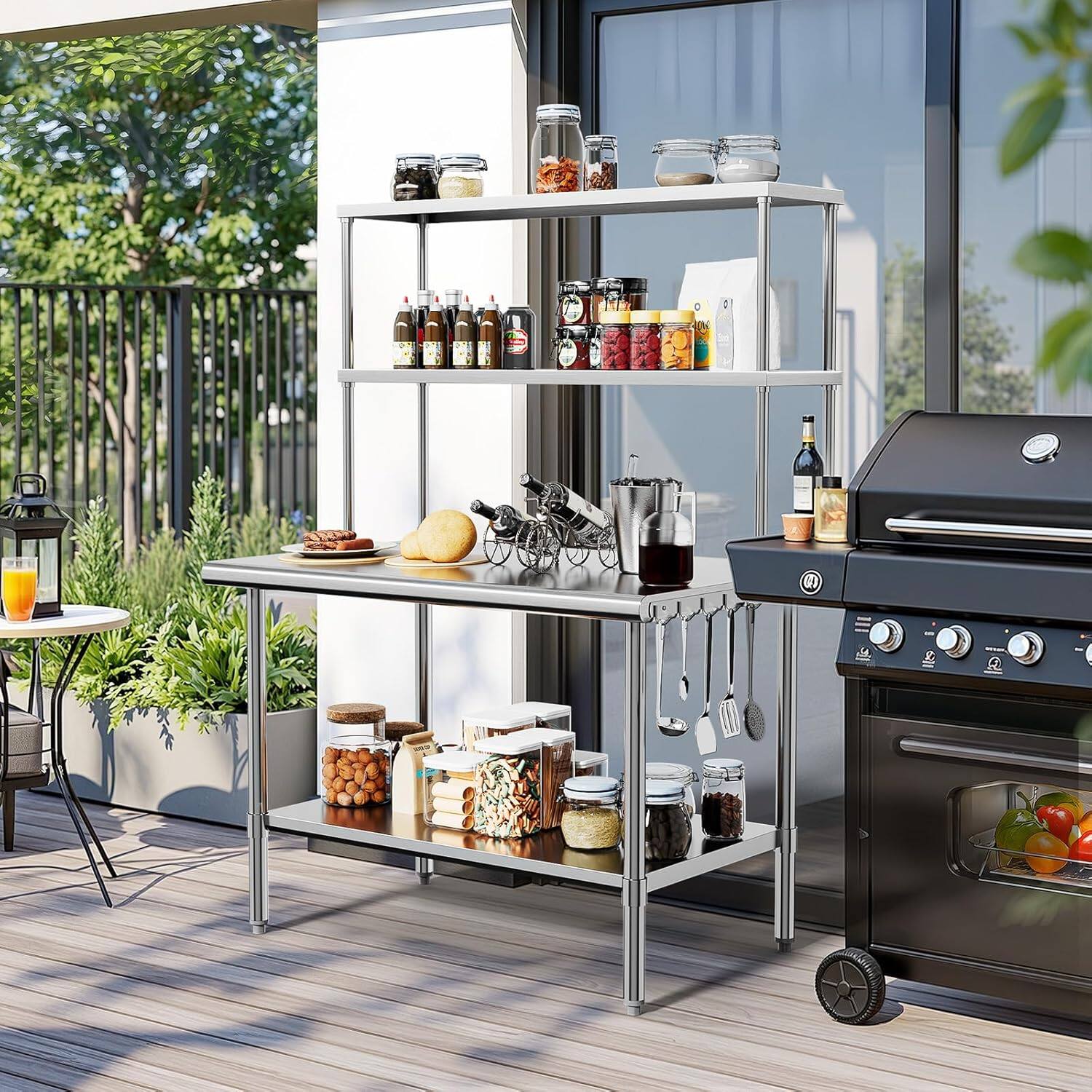 Alt View 5. Winado - 48" x 30" Stainless Steel Prep Table Garage Work Table with Overshelf & Adjustable Undershelves & Hook & Rounded Edges - Silver.