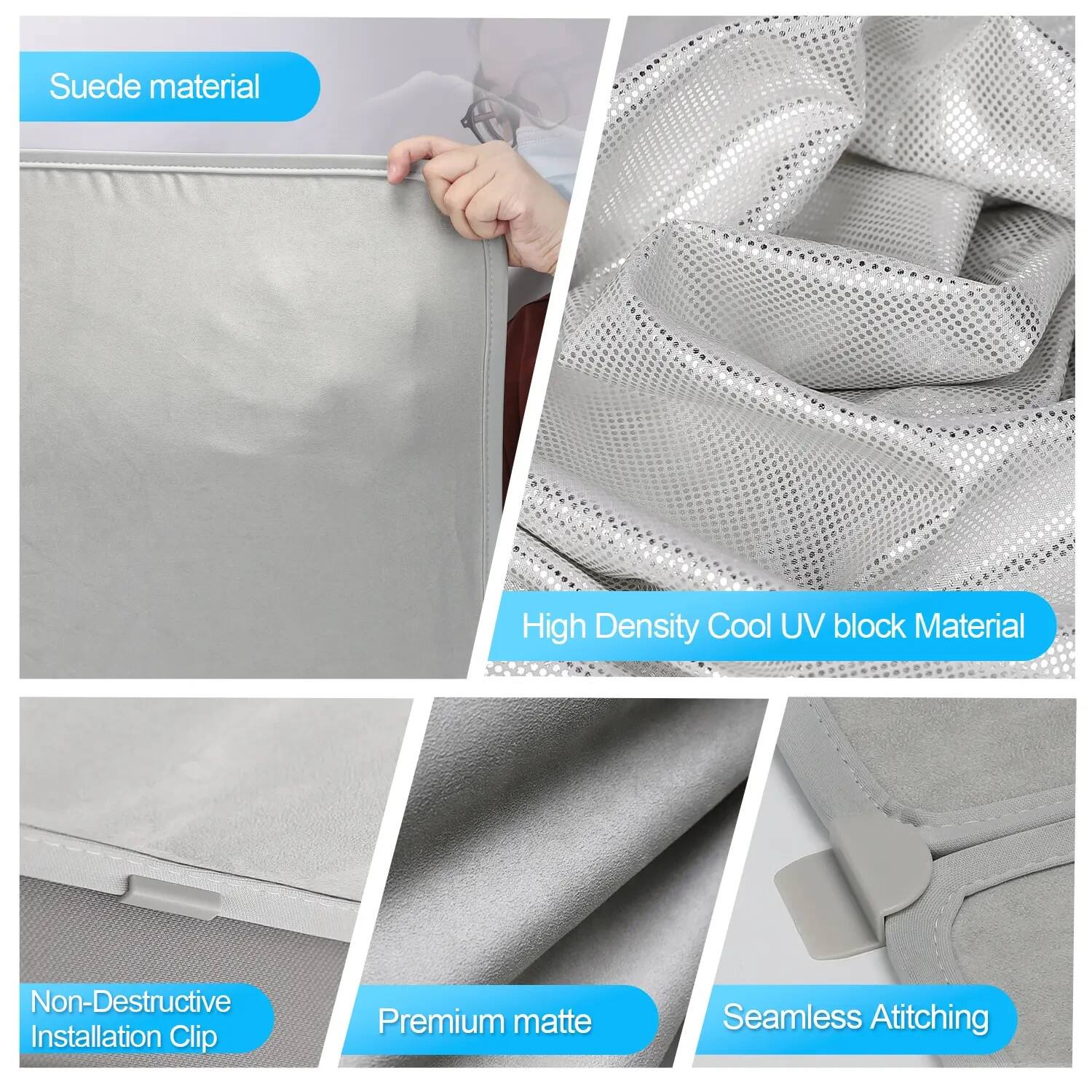 - Suede material
- High Density Cool UV block Material
- Non-Destructive Installation Clip
- Premium matte
- Seamless Atitching