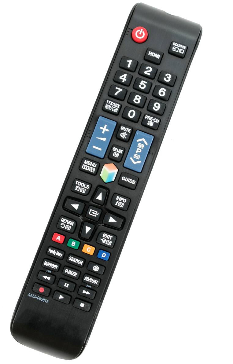 SOURCE HDMI 1 2 3 4 5 6 7 8 9 0 PRE-CH + - MUTE CH CHLIST HC P MENU TOOLS GUIDE E i INFO RETURN A EXIT -9 Family C Story D SUPPORT SEARCH 20 144 P.SIZE AD/SUBT. DN AA59-00581A