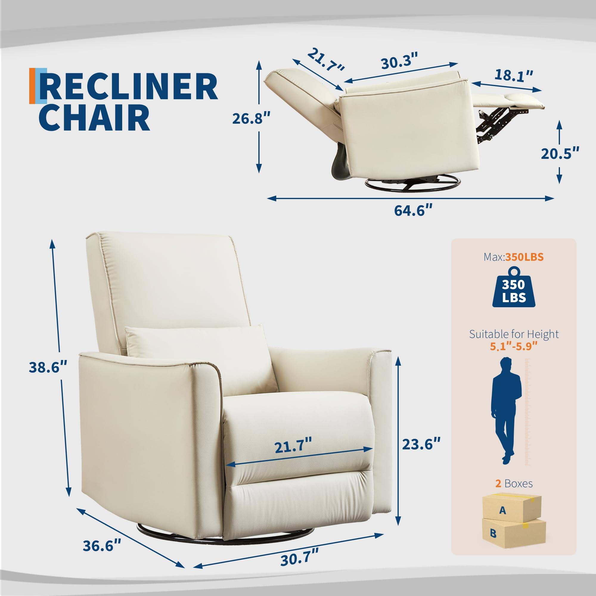 RECLINER CHAIR

Dimensions:
- Width: 64.6"
- Depth (reclined): 30.3"
- Height: 38.6"
- Seat Height: 20.5"
- Seat Depth: 21.7"
- Armrest Height: 26.8"
- Back Height: 30.7"
- Overall Height: 36.6"
- Seat Width: 21.7"
- Armrest Width: 18.1"
- Seat Depth (reclined): 23.6"

Weight Capacity: Max 350 LBS

Suitable for Height: 5.1" - 5.9"

2 Boxes (A and B)