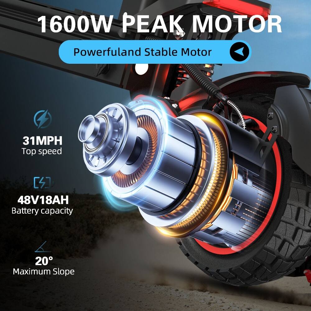 1600W PEAK MOTOR  
Powerful and Stable Motor  
31MPH Top speed  
48V18AH Battery capacity  
20° Maximum Slope