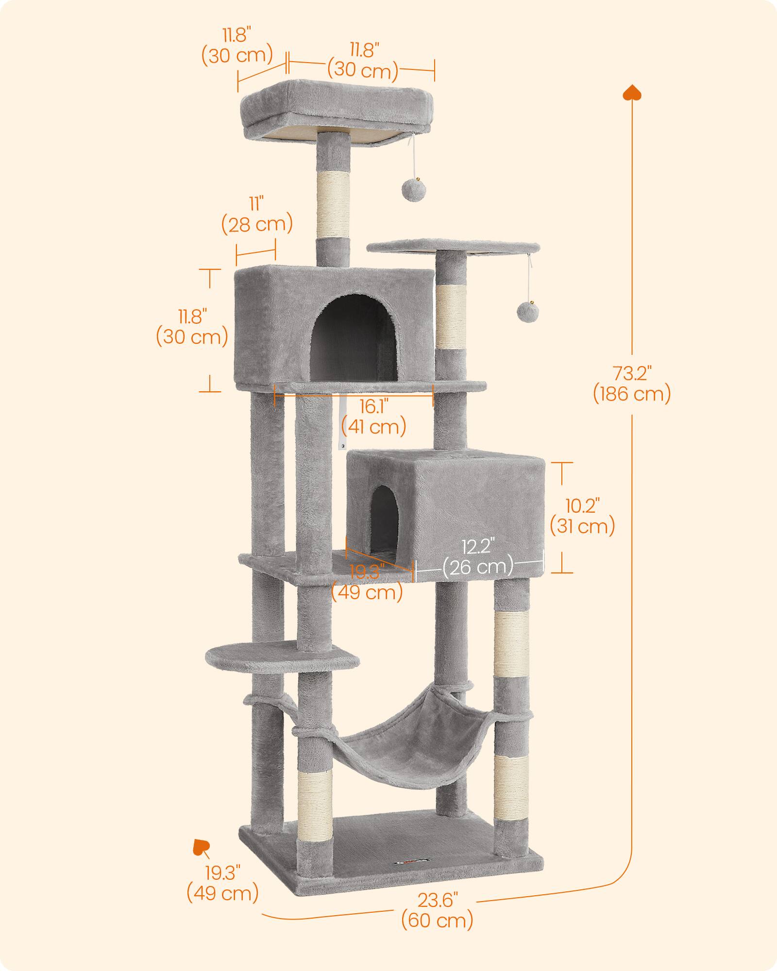 11.8" (30 cm)  
11" (28 cm)  
11.8" (30 cm)  
16.1" (41 cm)  
73.2" (186 cm)  
19.3" (49 cm)  
12.2" (26 cm)  
10.2" (31 cm)  
19.3" (49 cm)  
23.6" (60 cm)