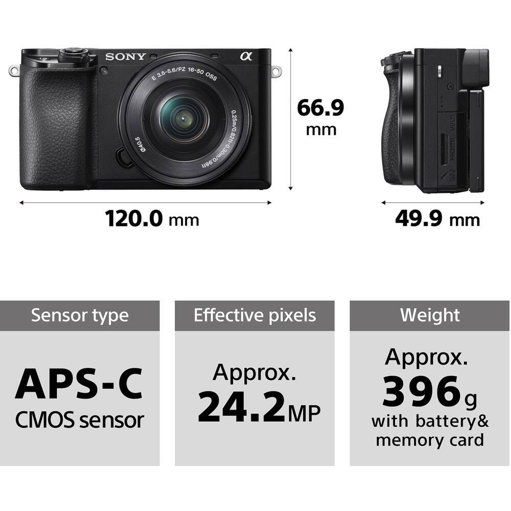 SONY α  
E 3.5-6.6/PZ 16-50 OSS  
0.25m/0.98ft  
ANANOCO-NONSEO  
40.5mm  
Sensor type: APS-C CMOS sensor  
Effective pixels: Approx. 24.2 MP  
Weight: Approx. 396g with battery & memory card