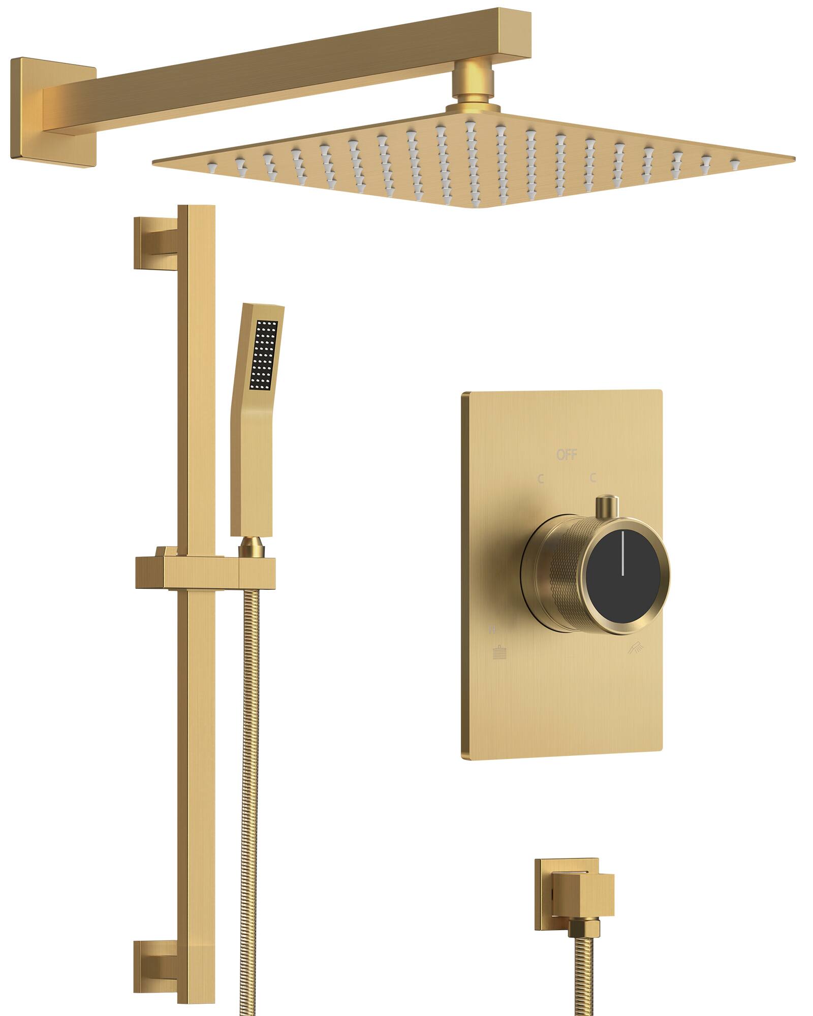 Front. GRANDJOY - 10" High Pressure Rain Shower System with Handheld Shower and 2-Function Mixer Valve - Brushed Gold.