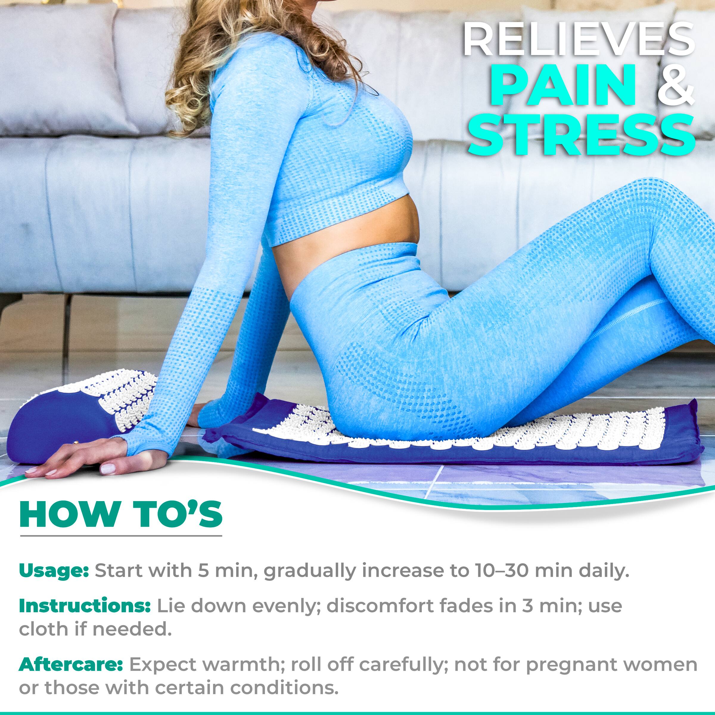 RELIEVES PAIN & STRESS

HOW TO'S

Usage: Start with 5 min, gradually increase to 10-30 min daily.

Instructions: Lie down evenly; discomfort fades in 3 min; use cloth if needed.

Aftercare: Expect warmth; roll off carefully; not for pregnant women or those with certain conditions.