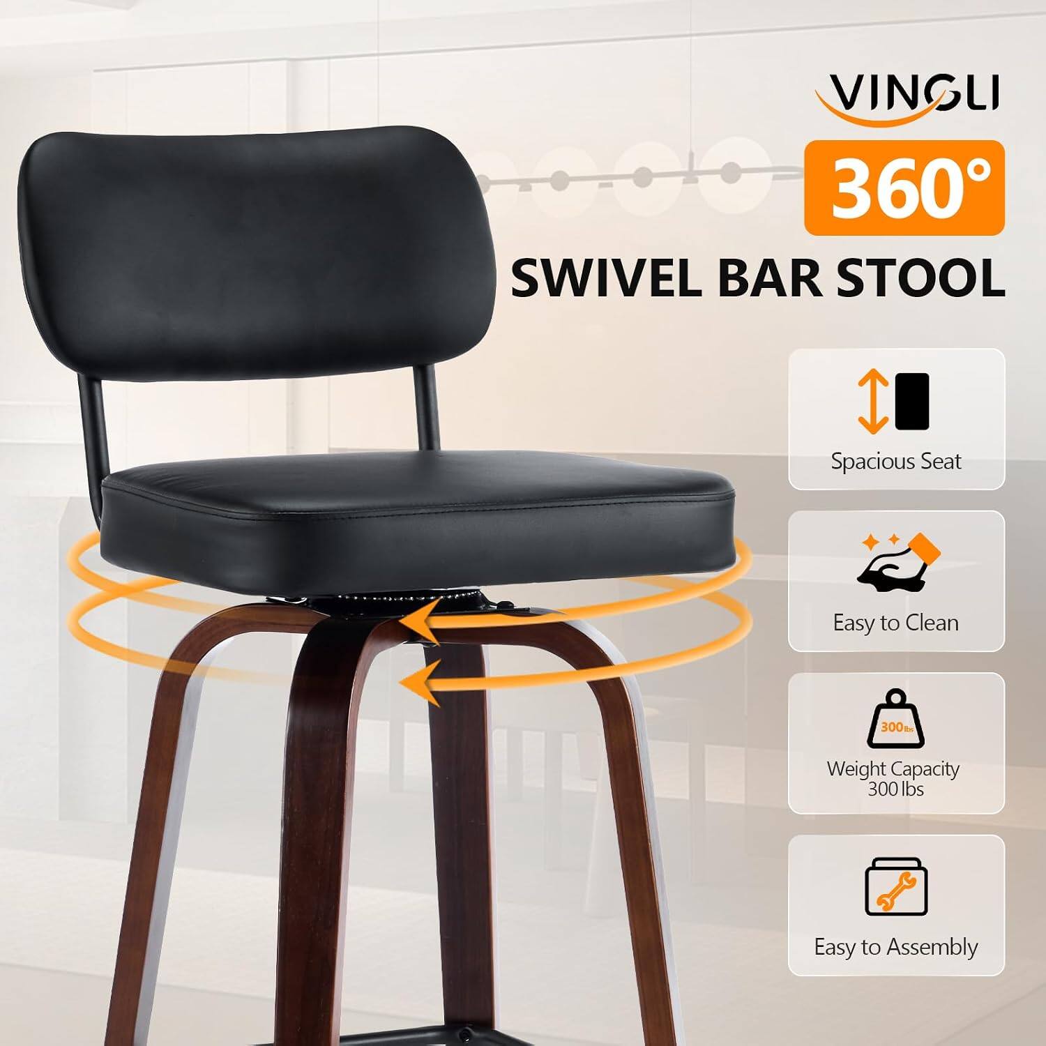 VINGLI 360° SWIVEL BAR STOOL

- Spacious Seat
- Easy to Clean
- Weight Capacity 300 lbs
- Easy to Assemble