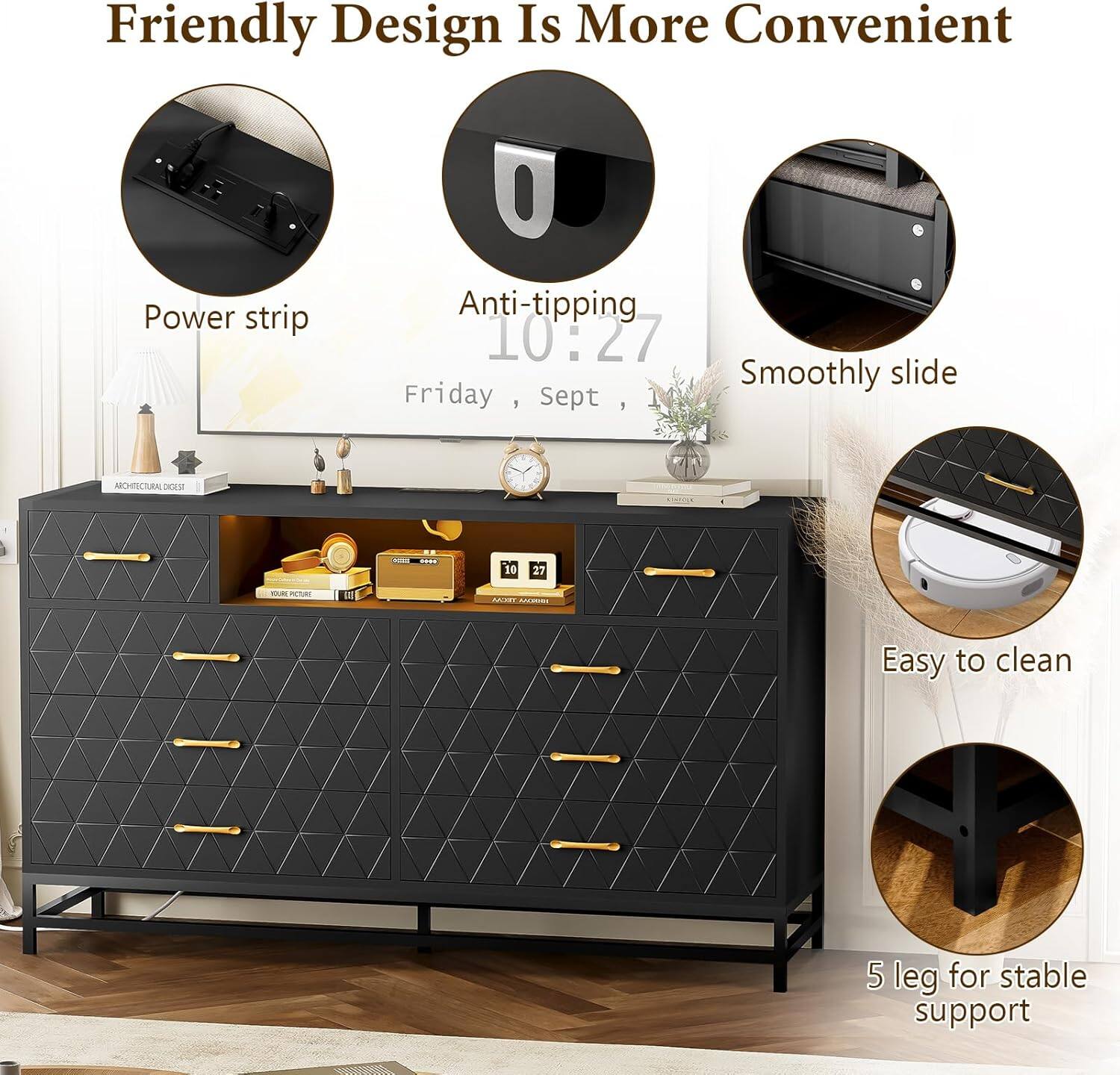 Friendly Design Is More Convenient

- Power strip
- Anti-tipping
- Smoothly slide
- Easy to clean
- 5 leg for stable support