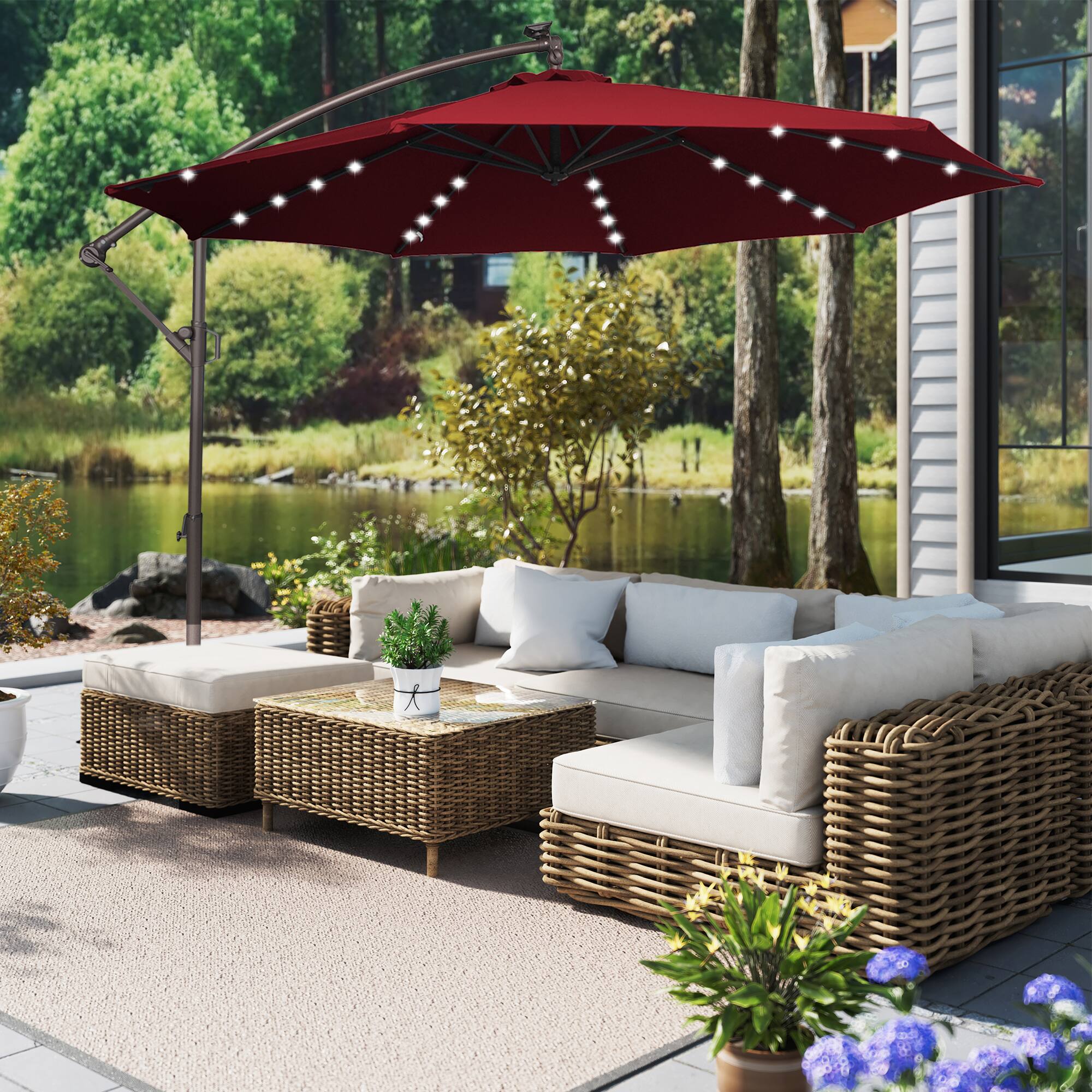 Alt View 6. Mondawe - 11ft Offset Patio Umbrella 360°Rotate,Easy Tilt,Solar Lights - Red.