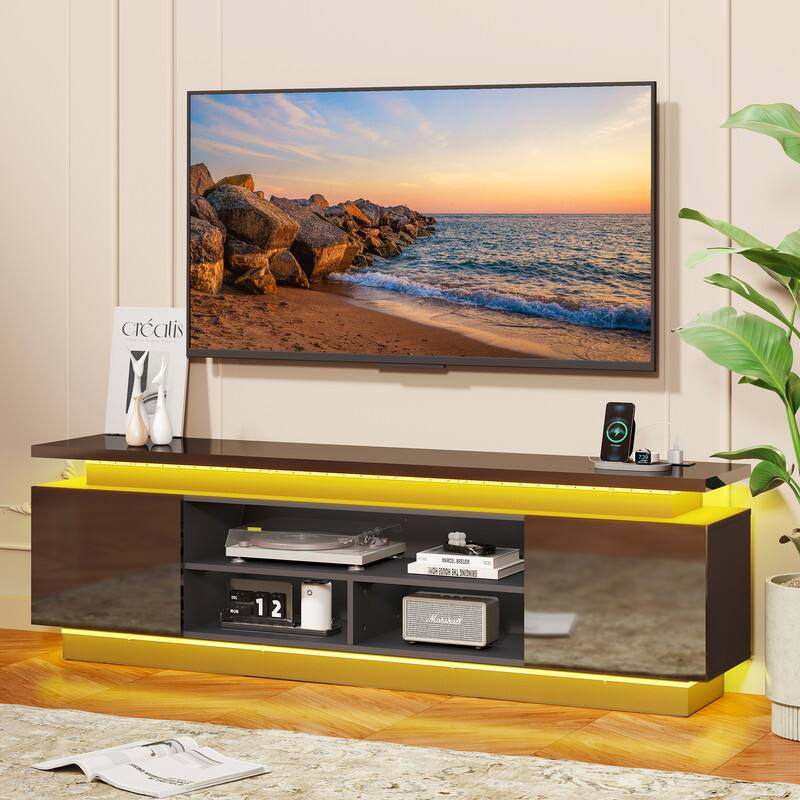 Skyzoo - TV Stand with LED Lights & Power Outlets for TVs up to 80", Modern Entertainment Center - Black