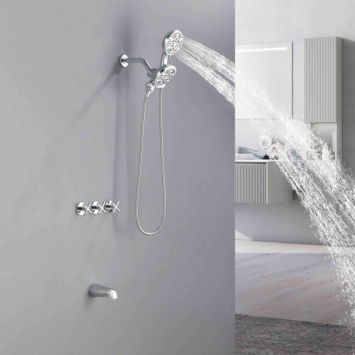Alt View 2. Boyel Living - Polished Chrome Shower Set with Three Handle Control and Seven Function Dual Shower Heads - Polished Chrome.