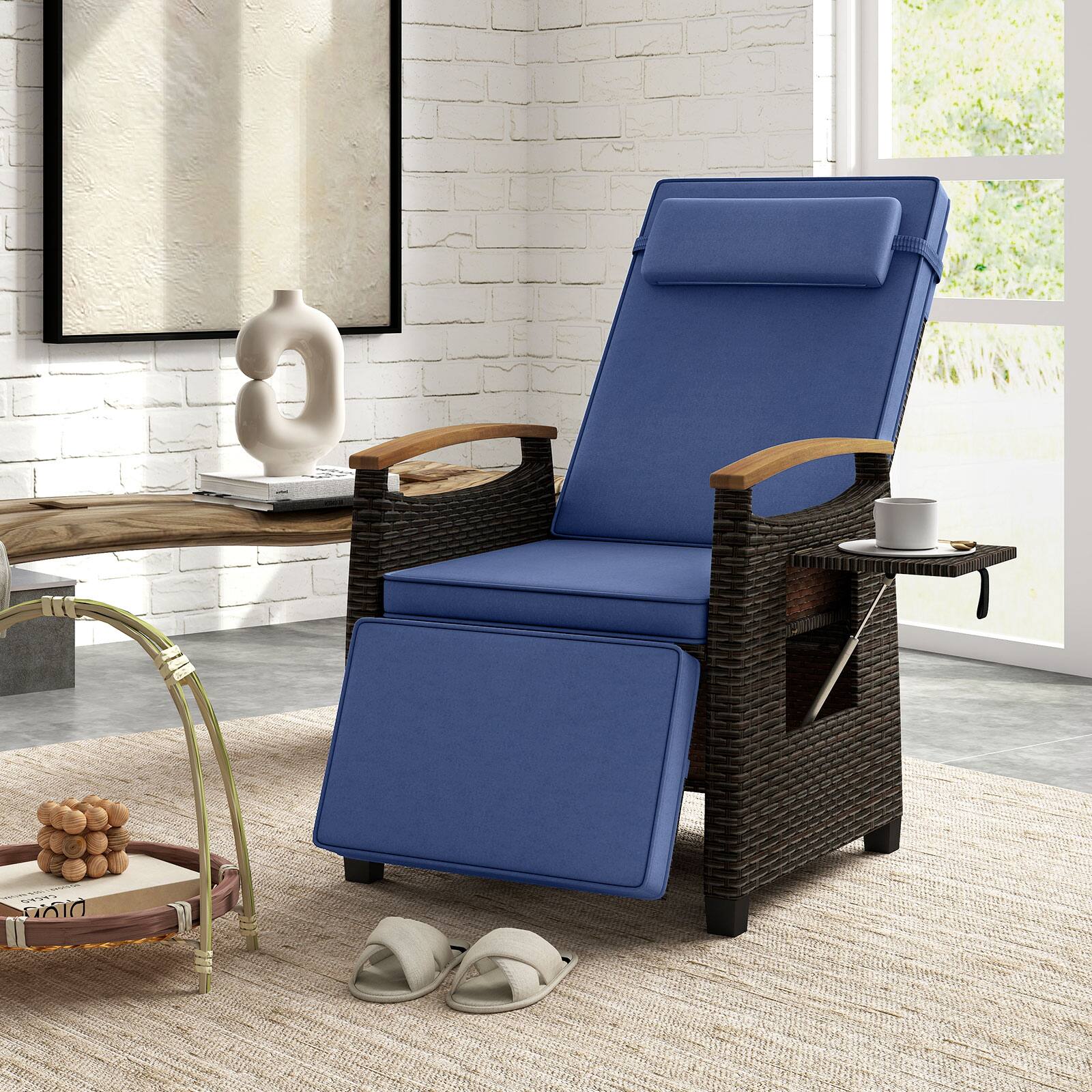 Alt View 3. Gymax - Gymax Patio Rattan Lounge Chair PE Wicker Recliner Chair w/ Adjustable Backrest & Footrest Navy - Mix Brown, Navy.