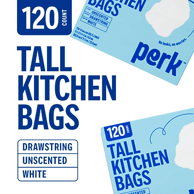 120 COUNT TALL KITCHEN BAGS  
DRAWSTRING UNSCENTED WHITE  
120 BAGS  
No leaks, no worries  
0.3 L (223 mL)