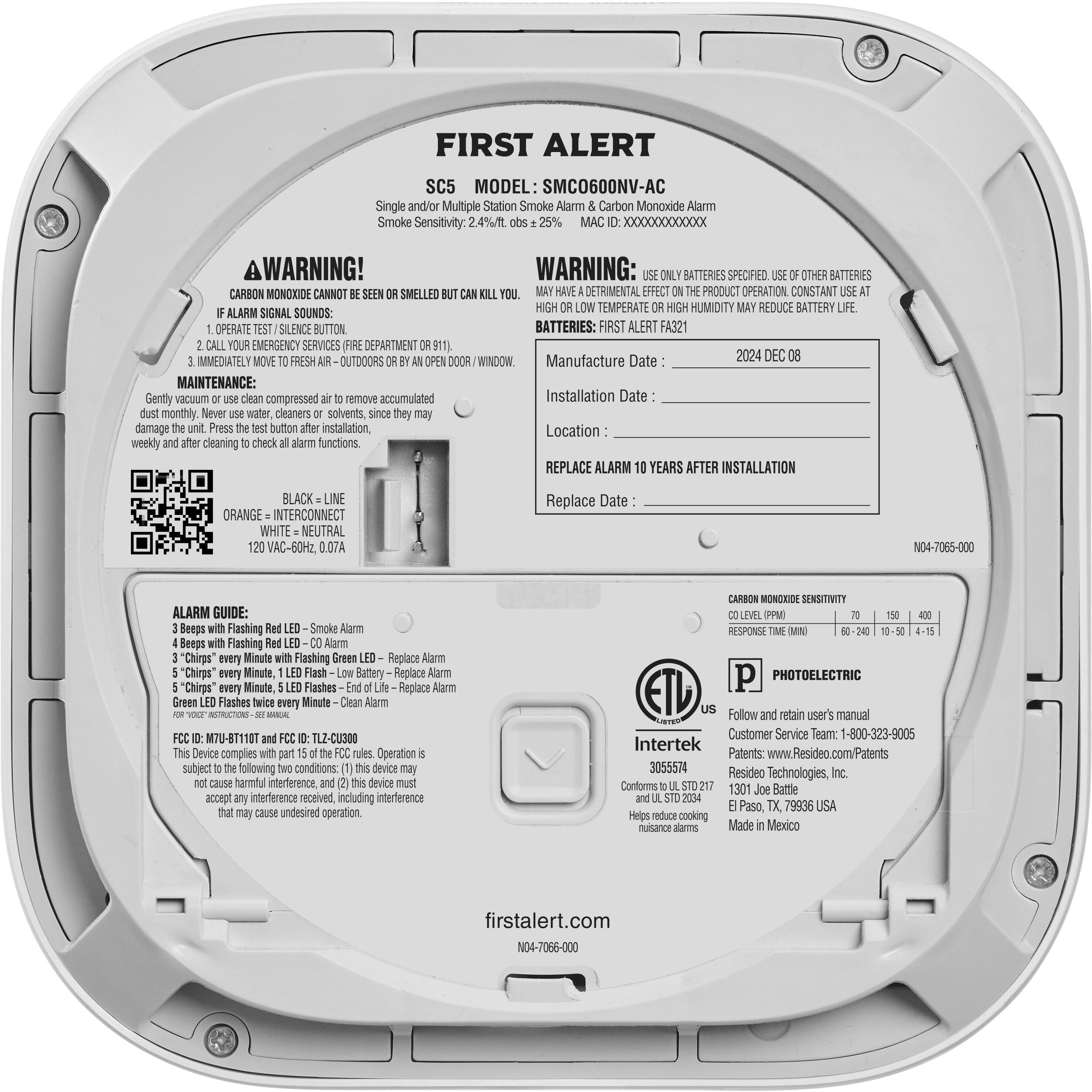 The text on the image is grouped and corrected as follows:

WARNING! WARNING: BATTERIES SPECIFIED OTHER BATTERIES CANNOT SMELLED HAVE DETRIMENTAL EFFECT ON PRODUCT OPERATION CONSTANT HIGH TEMPERATE HIGH HUMIDITY REDUCE BATTERY ALARM SIGNAL SOUNDS: OPERATE SILENCE BUTTON BATTERIES: FIRST ALERT FA321 YOUR EMERGENCY SERVICES FIRE DEPARTMENT 911 IMMEDIATELY MOVE FRESH OUTDOORS DOOR WINDOW Manufacture Date 2024 DEC MAINTENANCE: Gently vacuum compressed remove accumulated dust Installation Date weekly cleaning check msis functions. REPLACE ALARM YEARS AFTER INSTALLATION BLACK LINE ORANGE INTERCONNECT WHITE NEUTRAL VAC-60Hz 0.07A Replace Date N04-7065-000 ALARM GUIDE: Beeps Flashing Smoke Alarm Beeps Flashing Alarm "Chirps every Minute Flashing Green Replace Alarm "