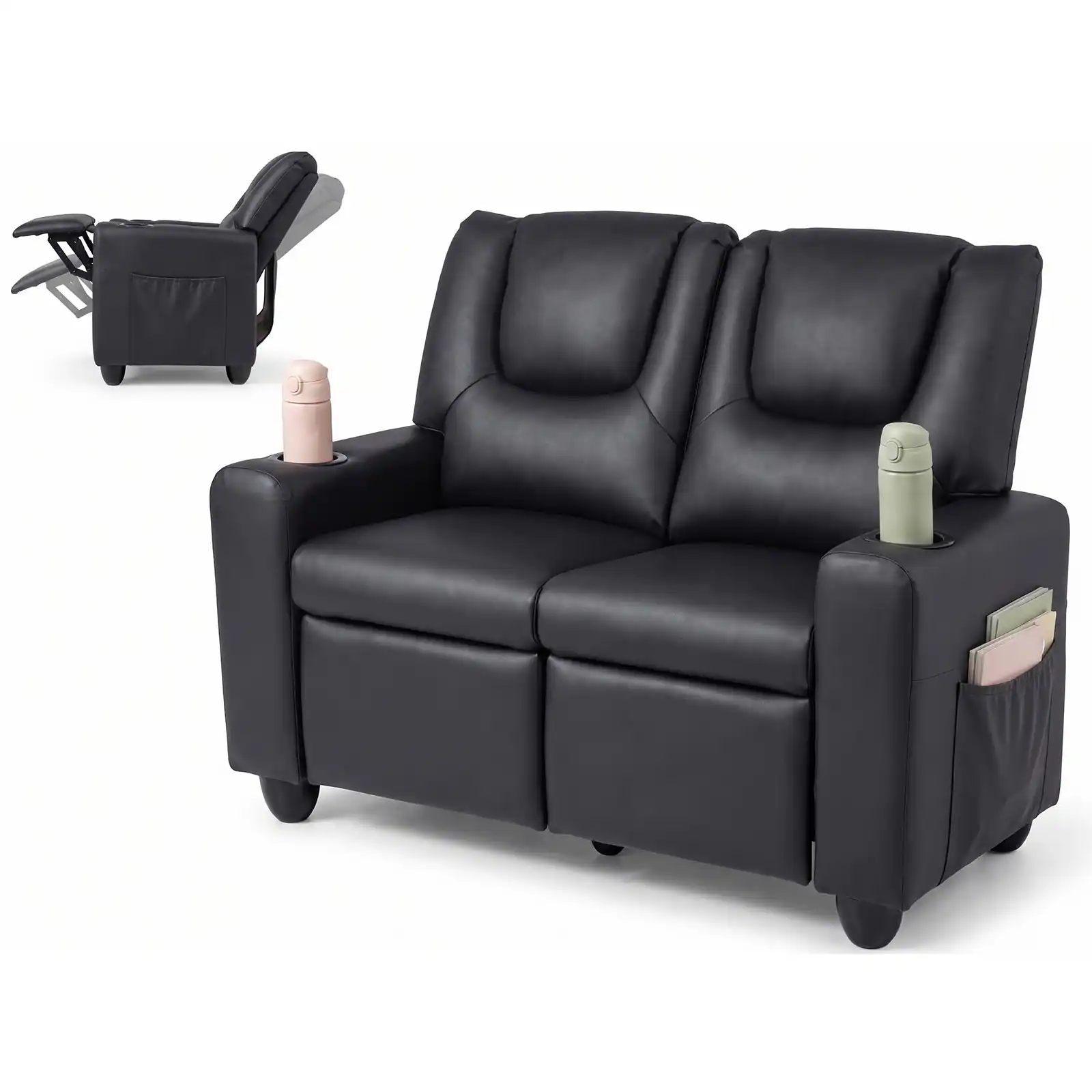 Costway - 2-Seater Kids Recliner with Cup Holders Side Storage Pockets Adjustable Backrest - Black