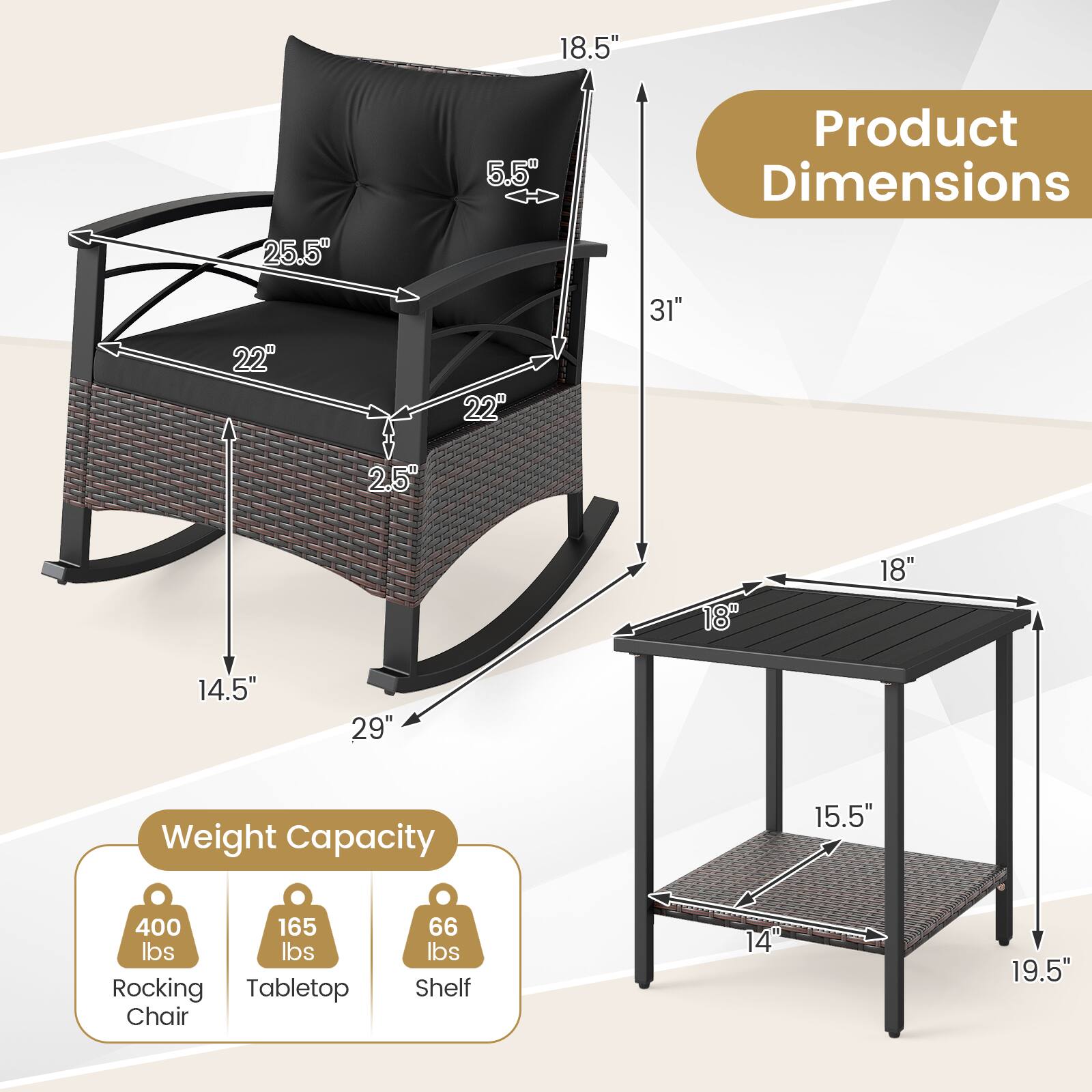 Product Dimensions:  
- 18.5"  
- 25.5"  
- 5.5"  
- 22"  
- 22"  
- 31"  
- 2.5"  
- 14.5"  
- 29"  
- 18"  
- 18"  
- 15.5"  
- 14"  
- 19.5"  

Weight Capacity:  
- Rocking Chair: 400 lbs  
- Tabletop: 165 lbs  
- Shelf: 66 lbs