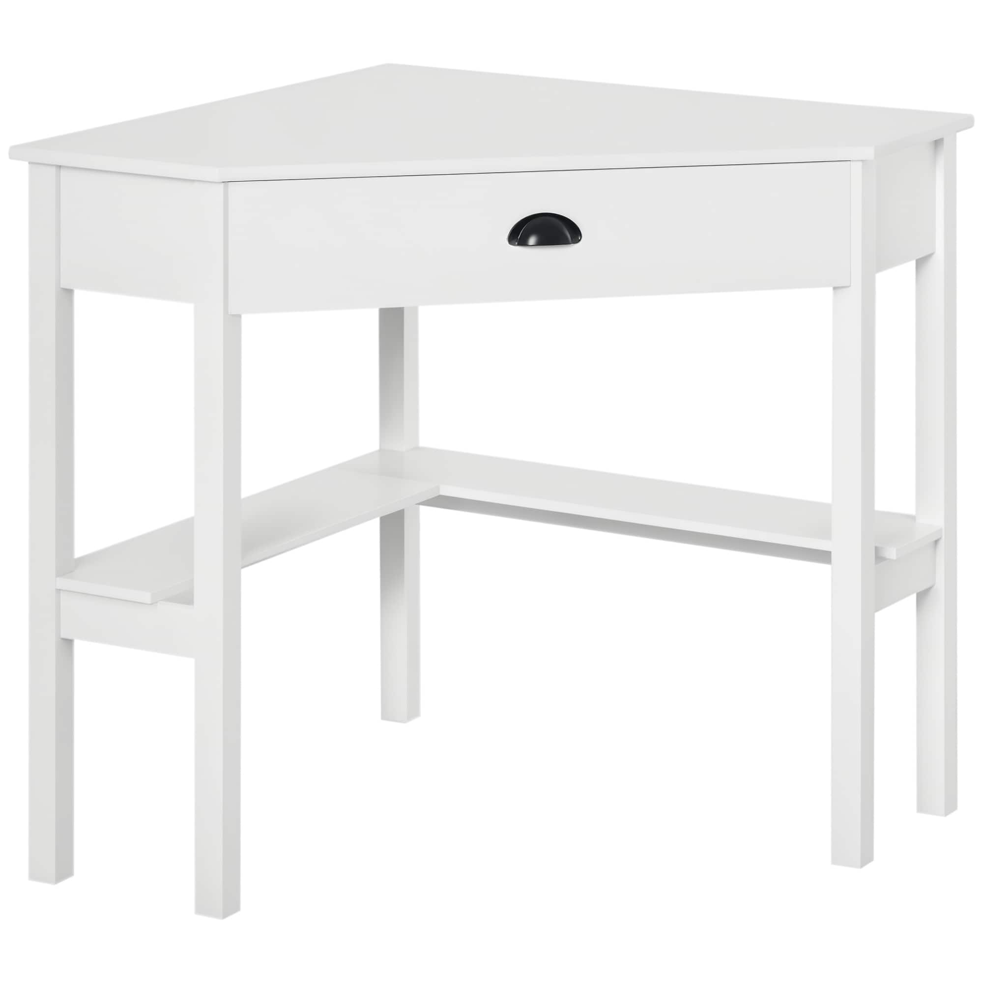 Homcom - Corner Desk, Triangle Computer Desk with Drawer and Storage Shelves for Small Spaces, Home Office Workstation - White