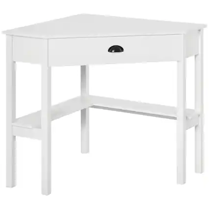 Front. Homcom - Corner Desk, Triangle Computer Desk with Drawer and Storage Shelves for Small Spaces, Home Office Workstation - White.