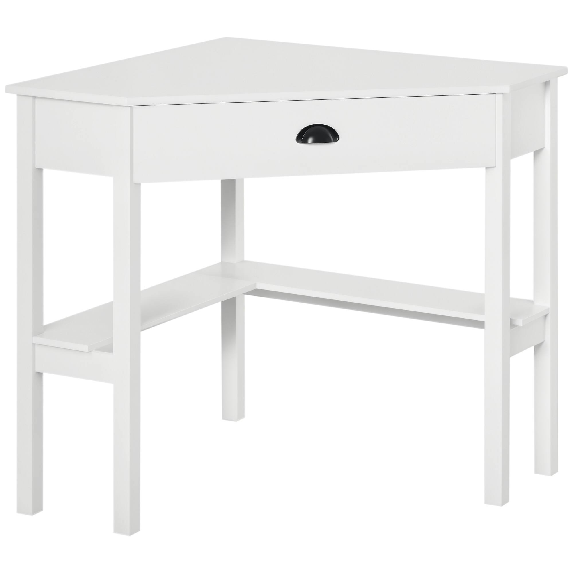 Homcom - Corner Desk, Triangle Computer Desk with Drawer and Storage Shelves for Small Spaces, Home Office Workstation - White