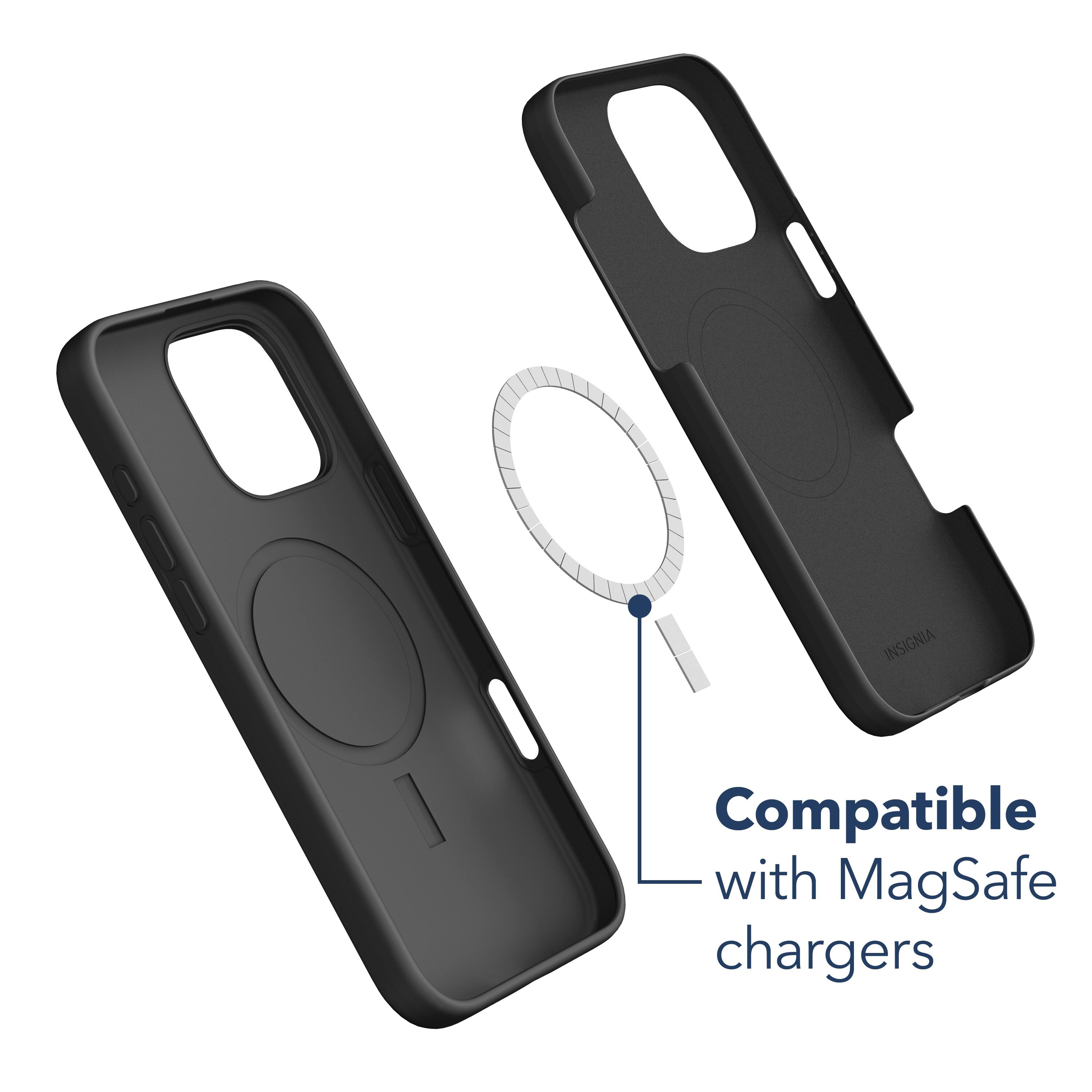 The image shows a black case for a cell phone, which is compatible with MagSafe chargers. The case is designed to protect the phone and provide a secure connection with the chargers. The case is made of durable materials and features a sleek design that fits snugly around the phone. The MagSafe chargers are known for their convenience and ease of use, making them a popular choice for iPhone users.