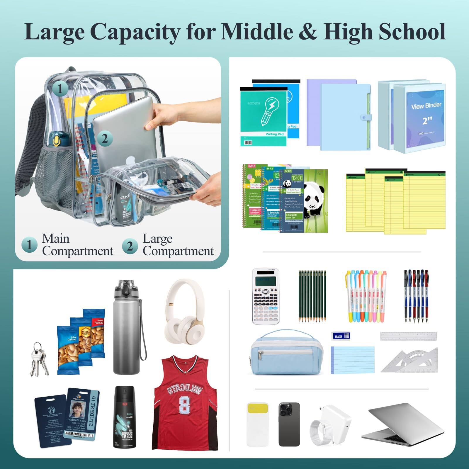 Large Capacity for Middle & High School

1. Main Compartment
2. Large Compartment

- Writing Pad
- View Binder 2"
- 120 Page
- 12 Month Planner
- 12 Month Planner
- 12 Month Planner
- 12 Month Planner
- Calculator
- Pens
- Markers
- Pencils
- Ruler
- Pencil Case
- Notebooks
- Water Bottle
- Headphones
- Snacks
- Keys
- ID Card
- Deodorant
- Shirt
- Phone
- Charger
- Laptop