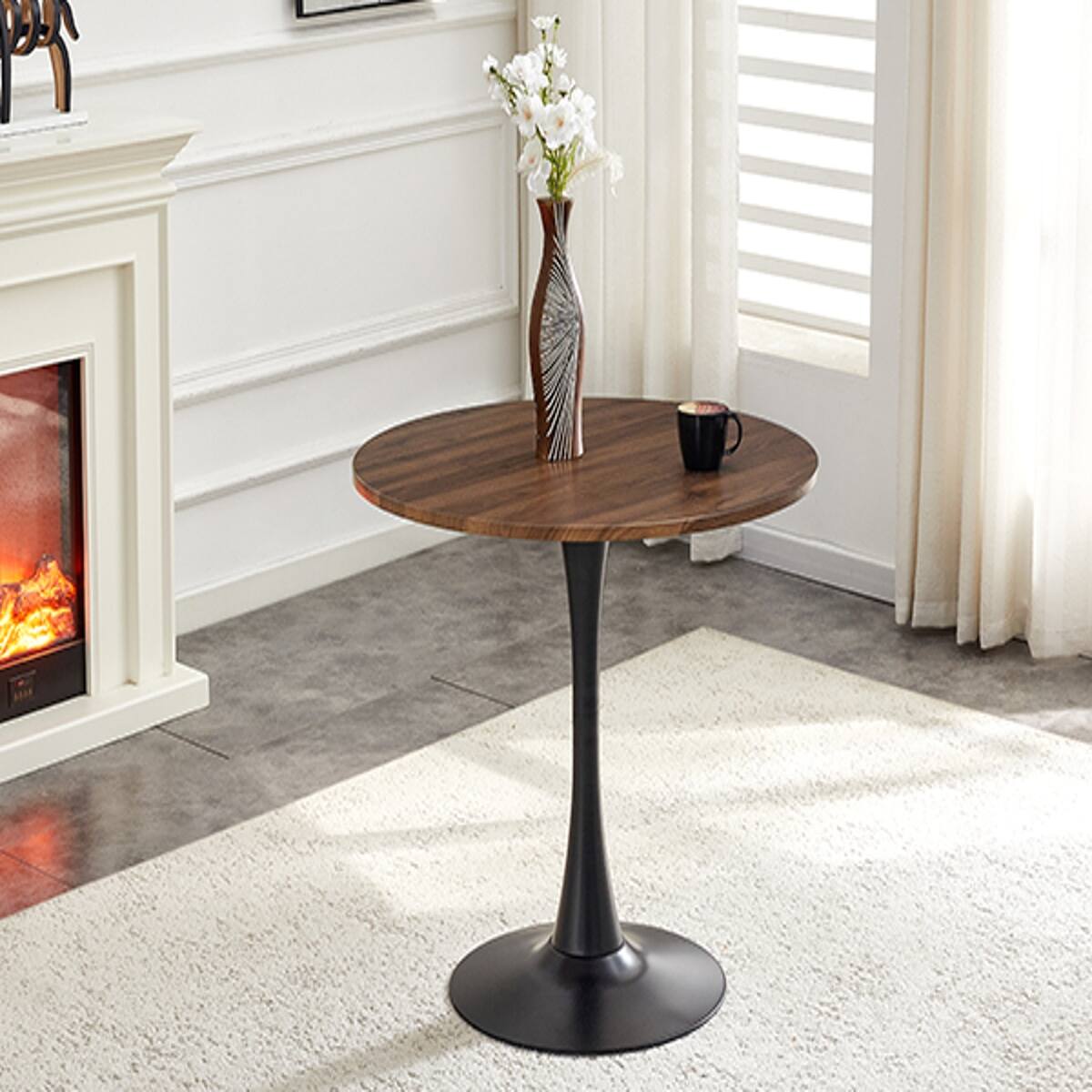 Left. Loheer - Loheer Round Dining Table, 31.5-Inch Faux Walnut Pedestal Table for Small Spaces - Black and walnut.