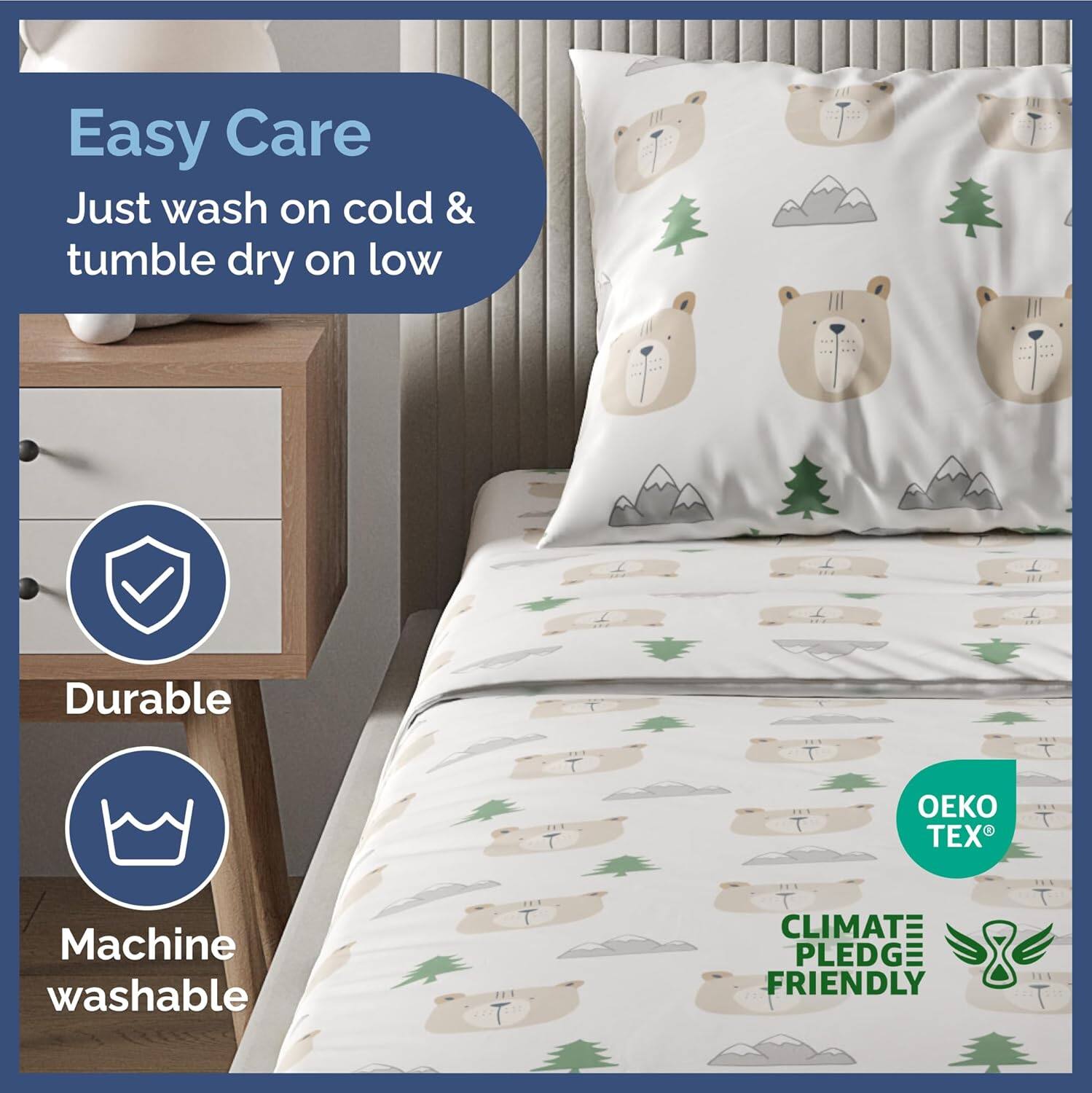 Easy Care  
Just wash on cold & tumble dry on low  

Durable  

Machine washable  

CLIMATE PLEDGE FRIENDLY
