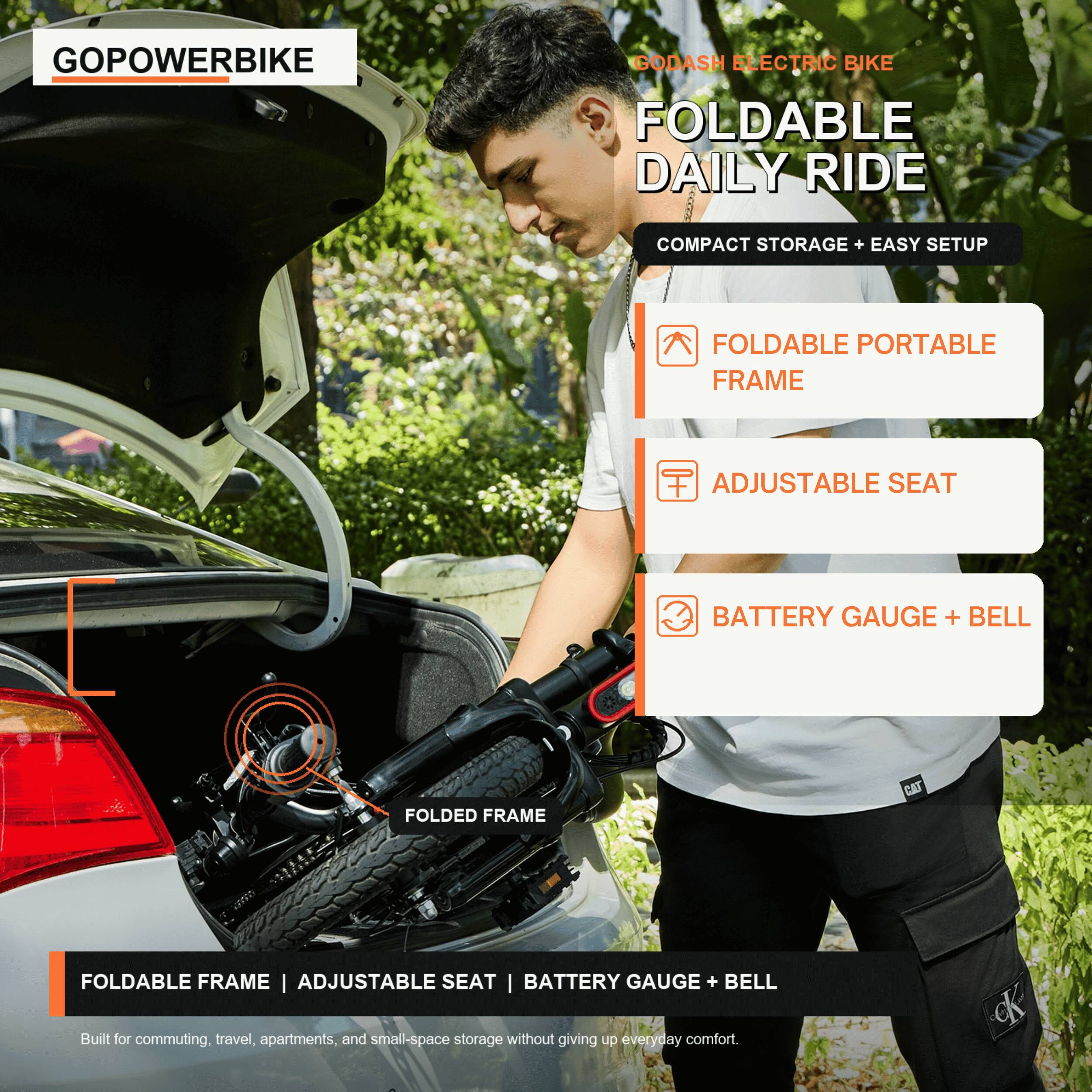 GOPowerBike Godash Electric Bike Foldable Daily Ride Compact Storage + Easy Setup Foldable Portable Frame Adjustable Seat Battery Gauge + Bell Folded Frame

Built for commuting, travel, apartments, and small-space storage without giving up everyday comfort.