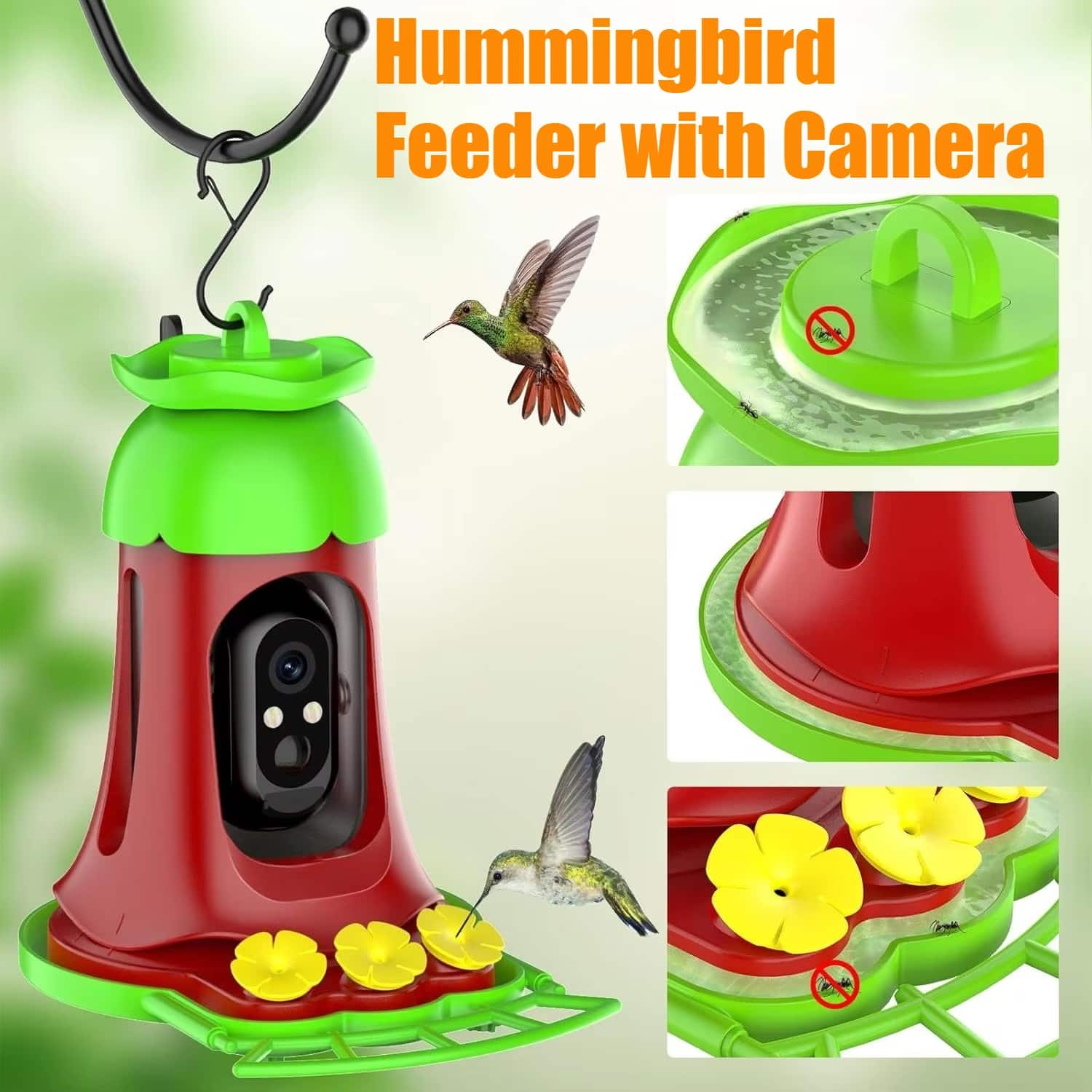 Luckbyte - Solar Powered Hummingbird Feeder Camera with AI Recognition Anti Ant Moat SD Card Outdoor Bird Watcher - Green