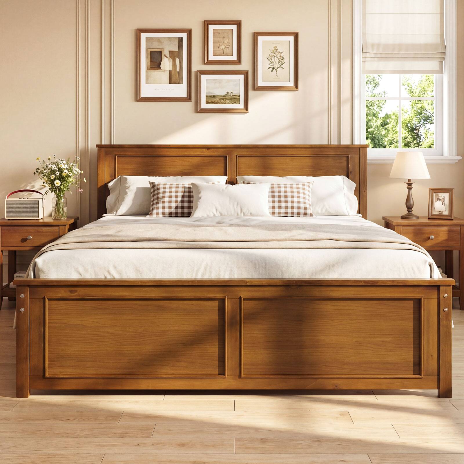 Alt View 3. Gymax - Gymax Full Size Bed Frame Farmhouse Wooden Platform Bed w/ Headboard Walnut - Brown.