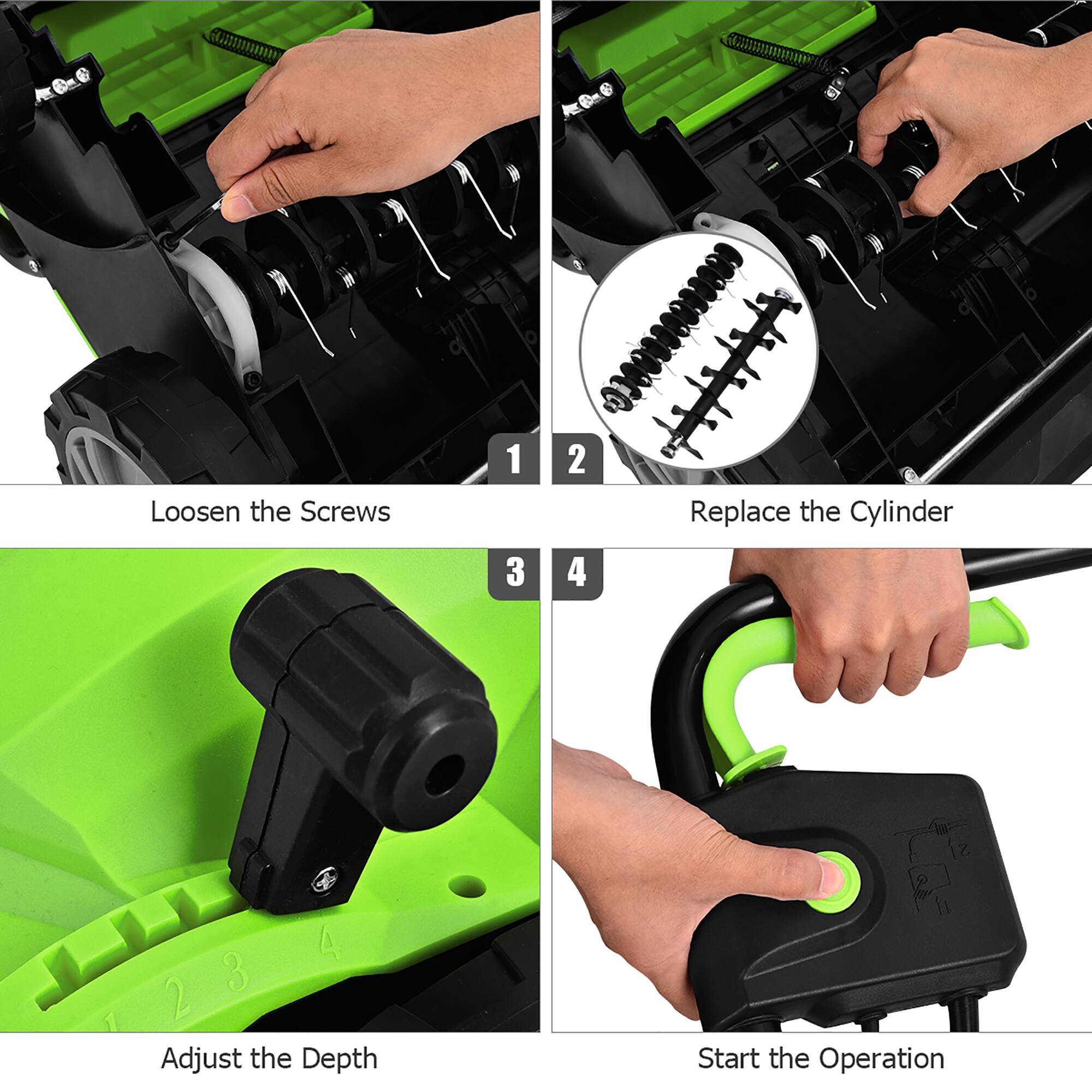 1. Loosen the Screws  
2. Replace the Cylinder  
3. Adjust the Depth  
4. Start the Operation