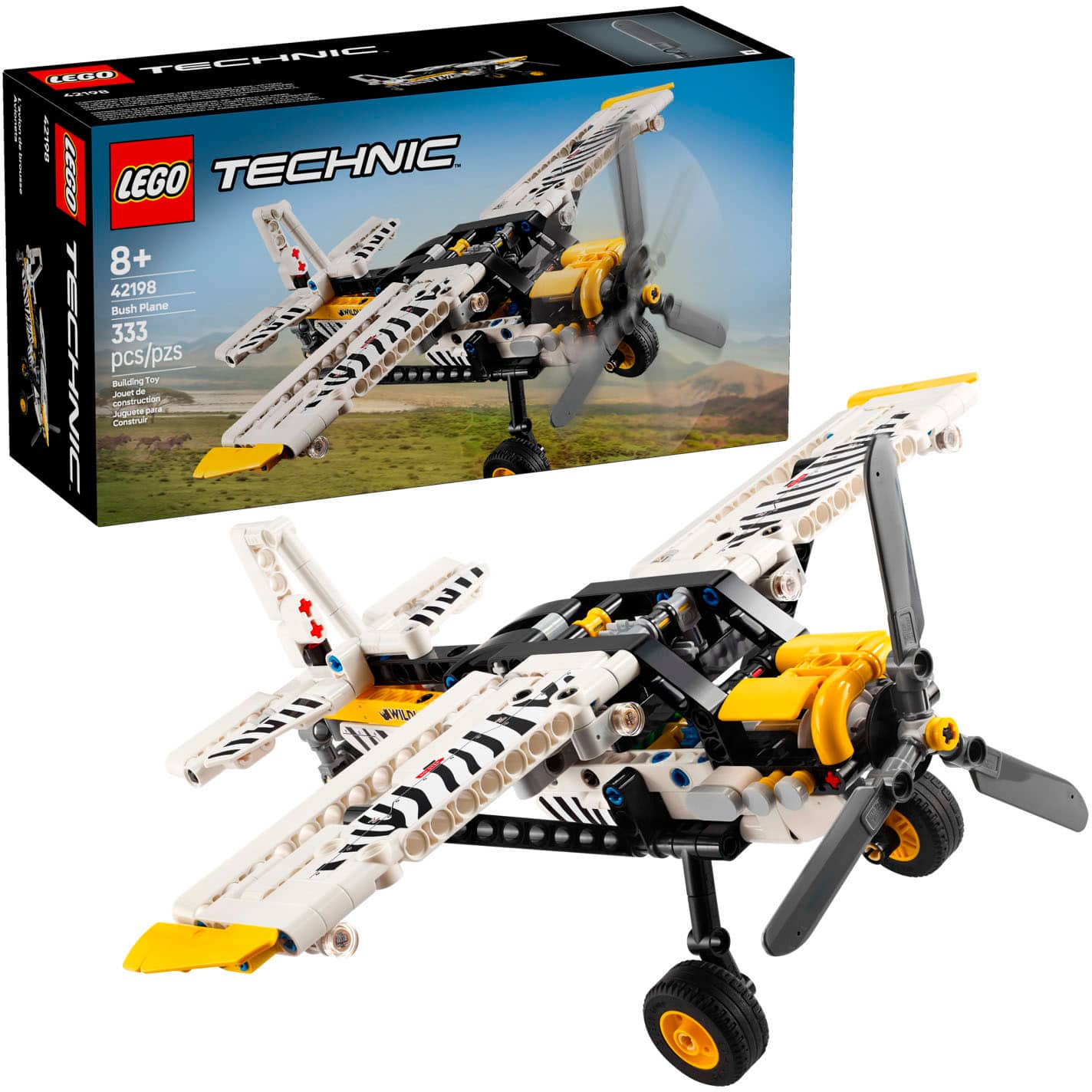 The text on the image reads: "LEGO TECHNIC 8+ 42198 Bush Plane 333 pieces/pcs - Building Toy for Kids - Construction Fun."