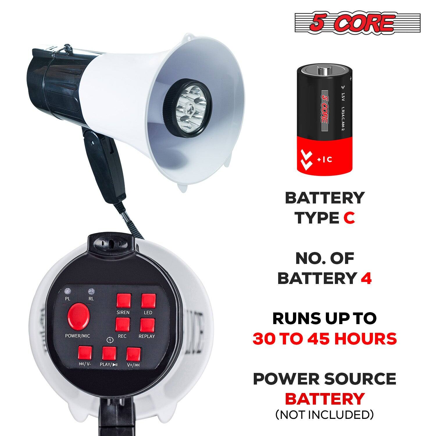 5 CORE

BATTERY TYPE C

NO. OF BATTERY 4

RUNS UP TO 30 TO 45 HOURS

POWER SOURCE BATTERY (NOT INCLUDED)