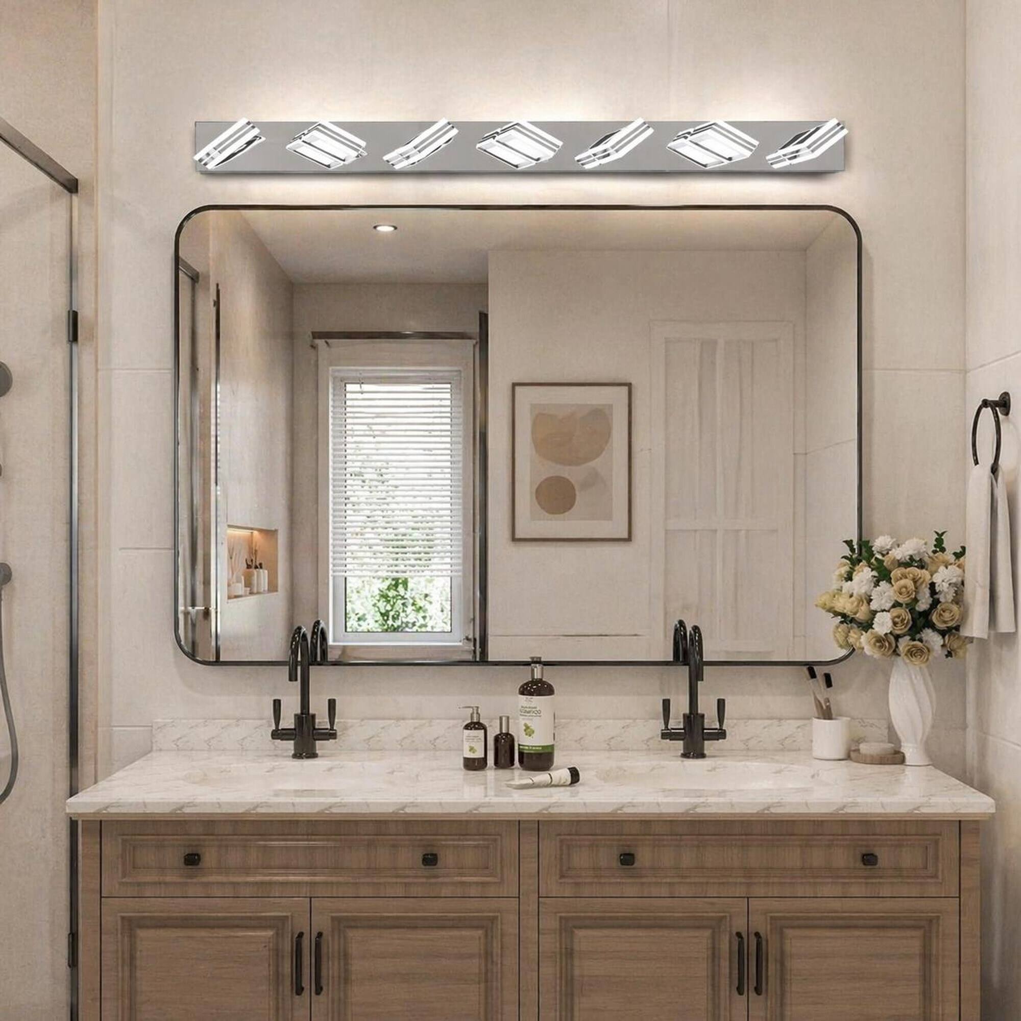 Angle. RYHNUYNE - 45" Modern 7‑Light LED Vanity Light,Square Acrylic Shade Bathroom Vanity Light Fixture,Wall Lighting for Bath - Chrome.