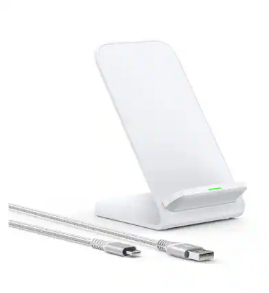 Front. RISOKEYS - 15W Vertical Stand Wireless Charger - Desktop Phone Holder, Live Streaming Phone Stand, Wireless Charging - White.