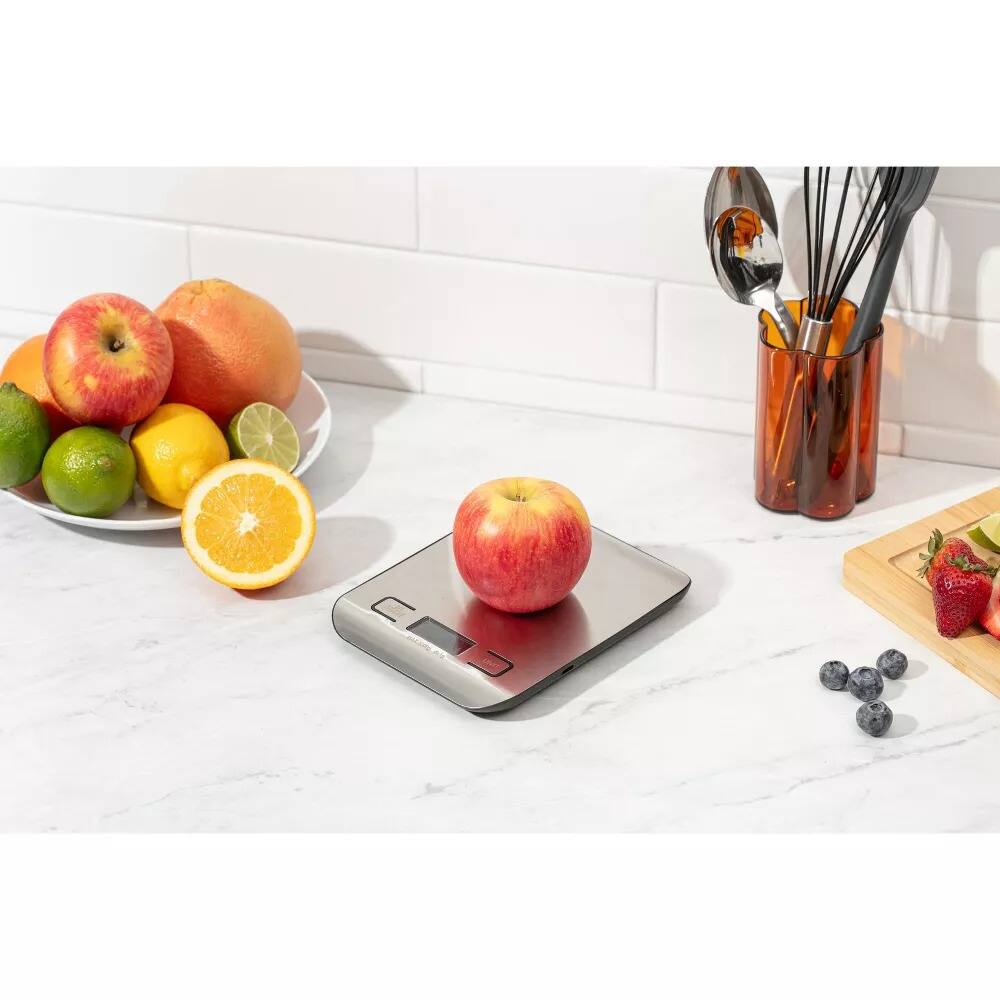 Left. Luminuxe - Digital Food Scale – 11 LB Capacity, Tare Function, LCD Display, 2 AAA Batteries Included.