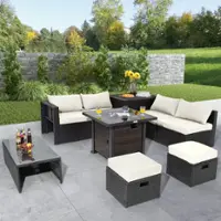 Costway 9 PCS Patio Furniture Set with 32" Fire Pit Table 50,000 BTU Square Propane Fire Pit - White - Front_Zoom