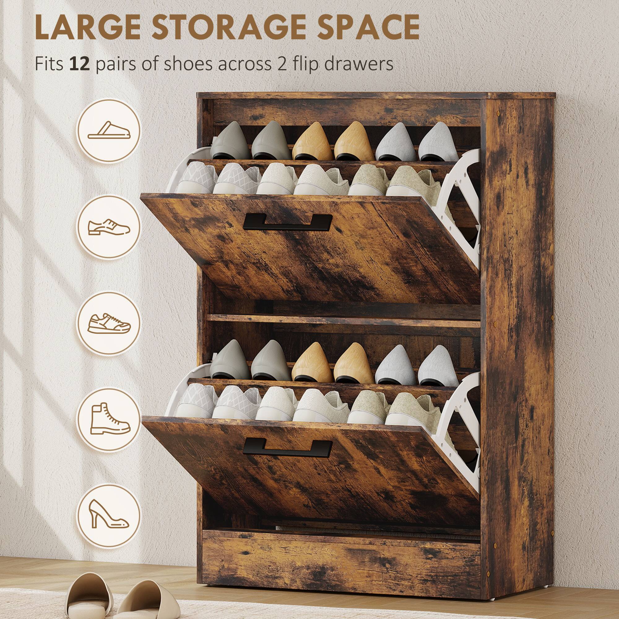 LARGE STORAGE SPACE  
Fits 12 pairs of shoes across 2 flip drawers