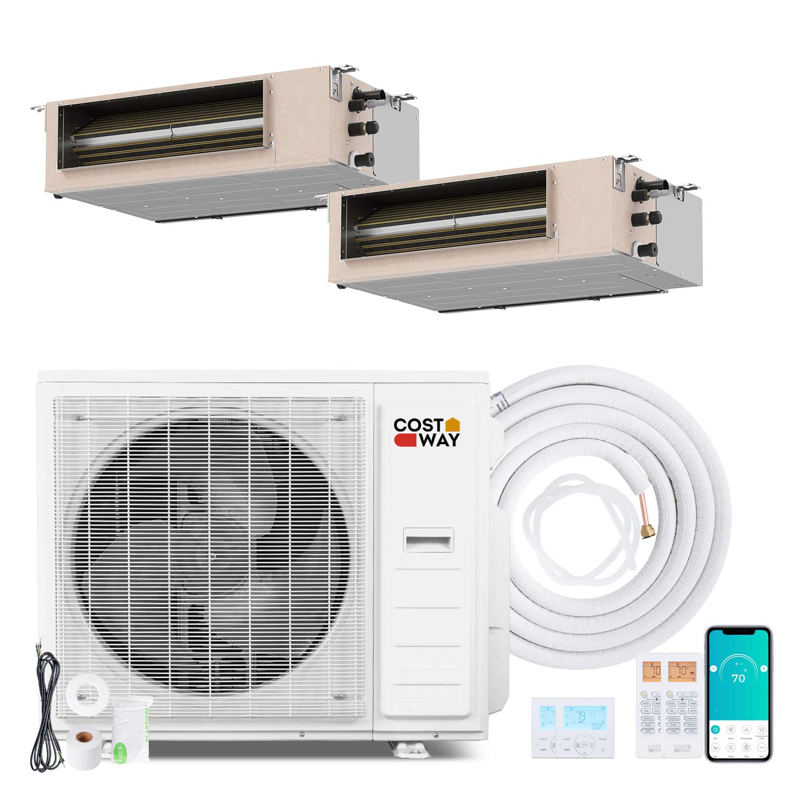 Costway - X-Pro 35000 BTU 2 Zone 18K +18K Concealed Ducted Mini Split AC, 22.5 SEER2, WiFi Enabled - White